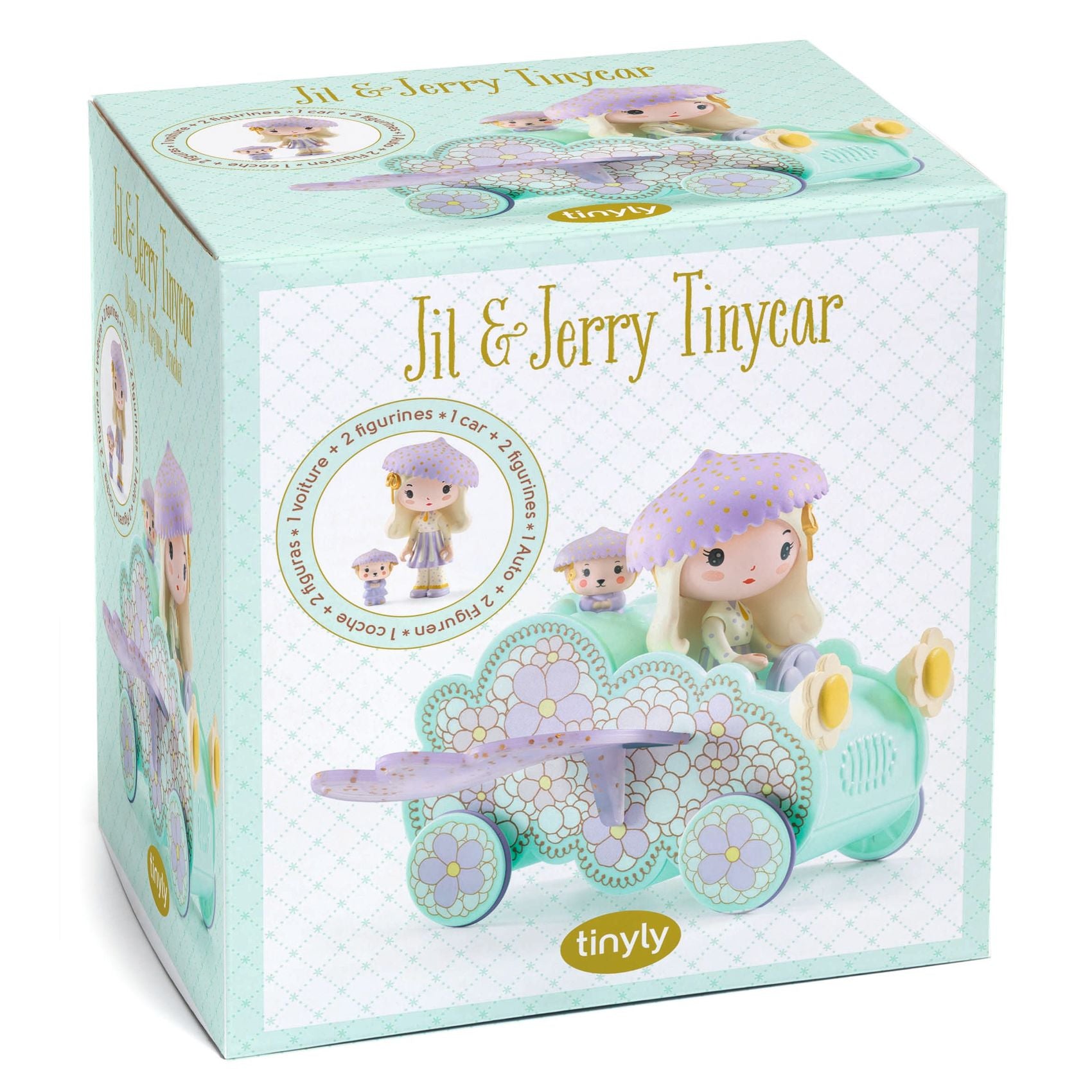 Box packaging of Jil & Jerry Tinycar toy by Djeco tinyly