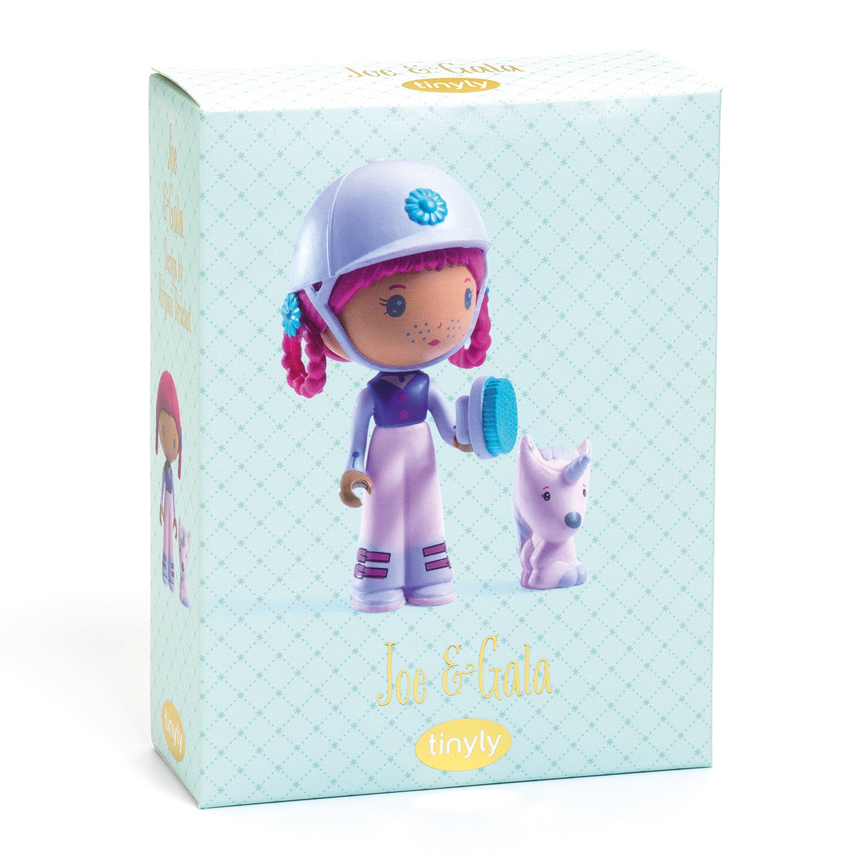 Toy figure packaging with a character wearing a helmet and holding a blue brush, on a light blue background.