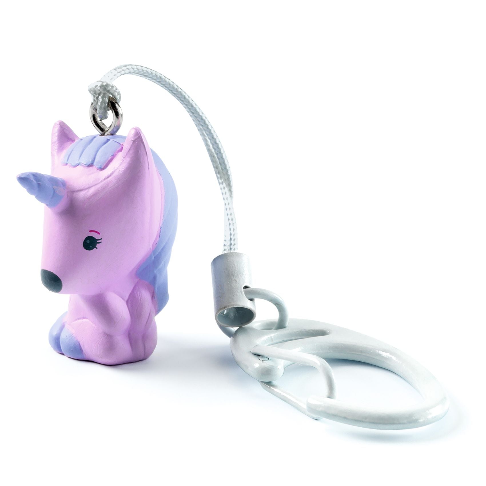 Pink and blue unicorn-shaped keychain with a white lanyard on a white background