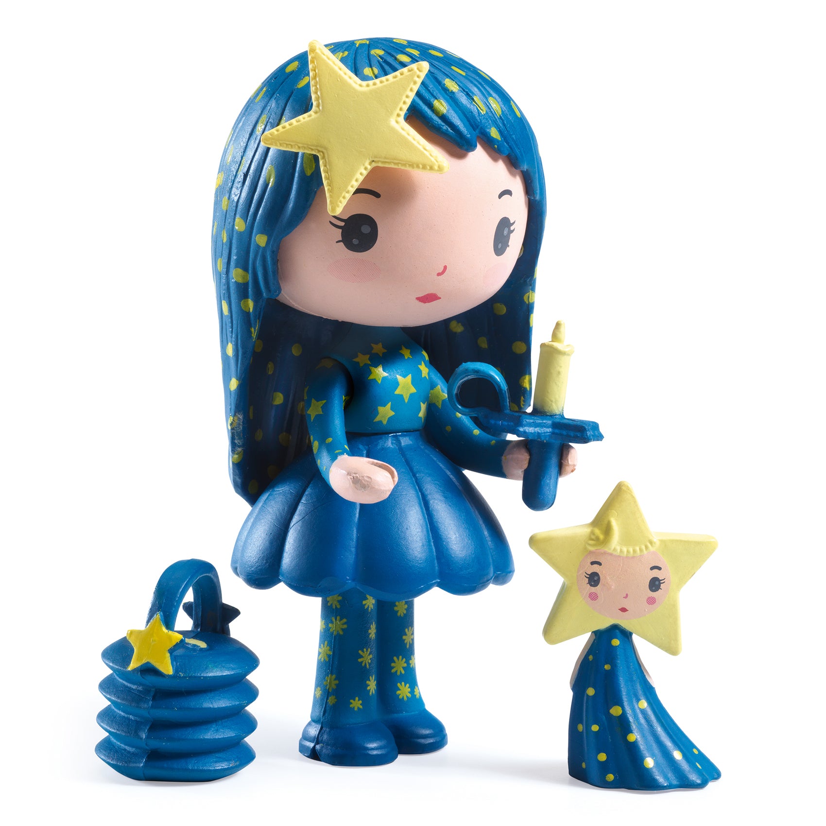 Toy figure with blue hair and dress, holding a candle on a white background