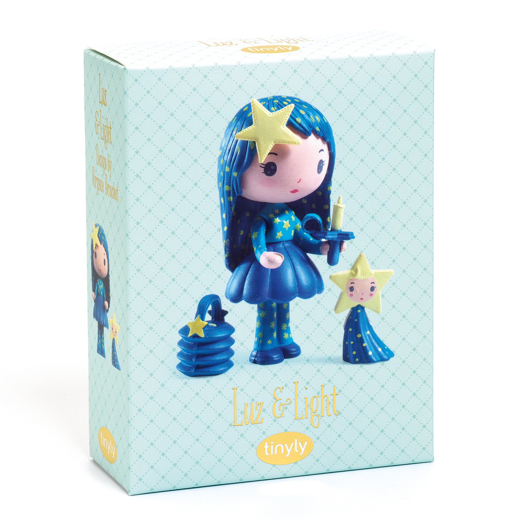 Toy figure with blue hair and outfit on a light blue box packaging, featuring the brand 'tinyly'.