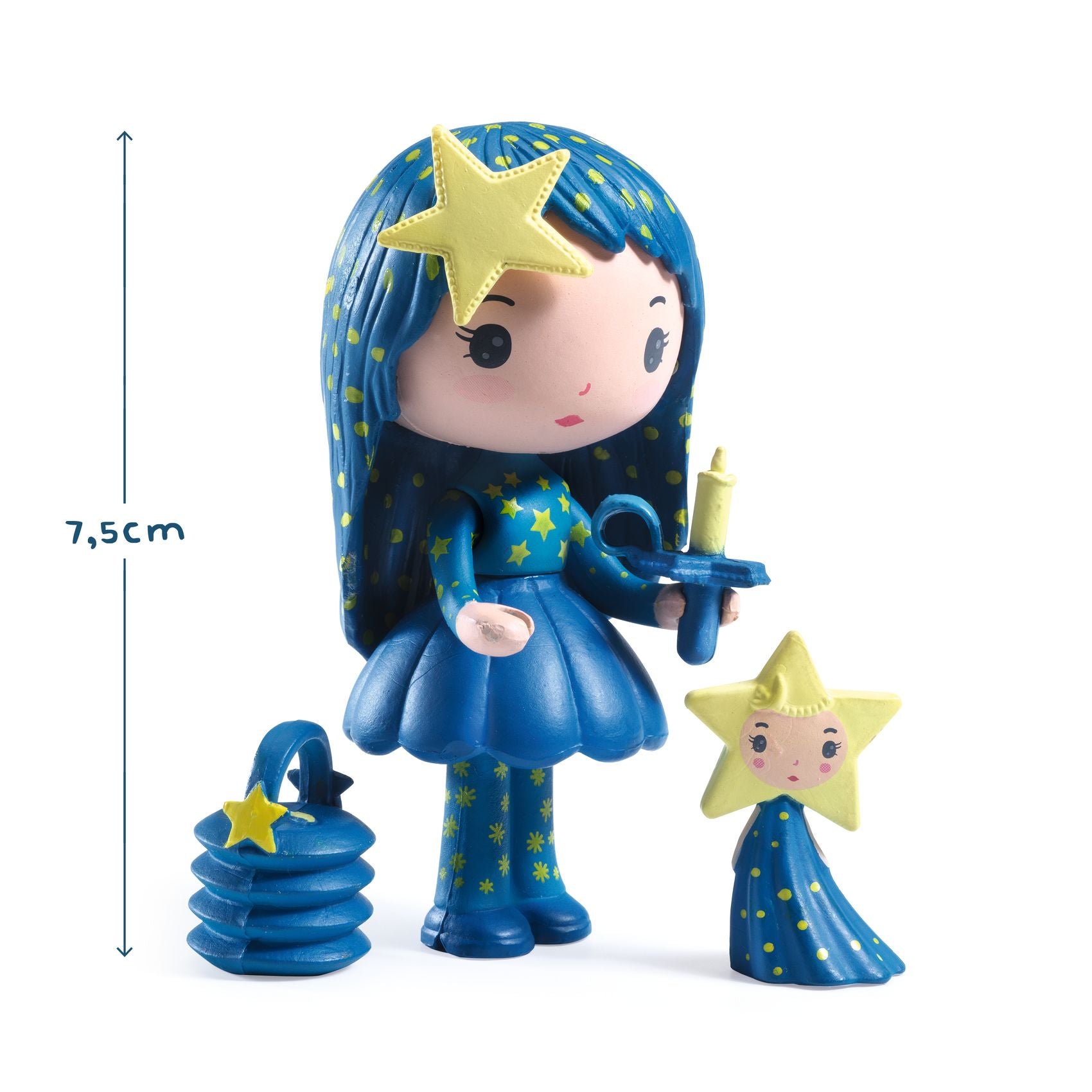Blue-themed figurine with star decorations, holding a candle, on a white background.