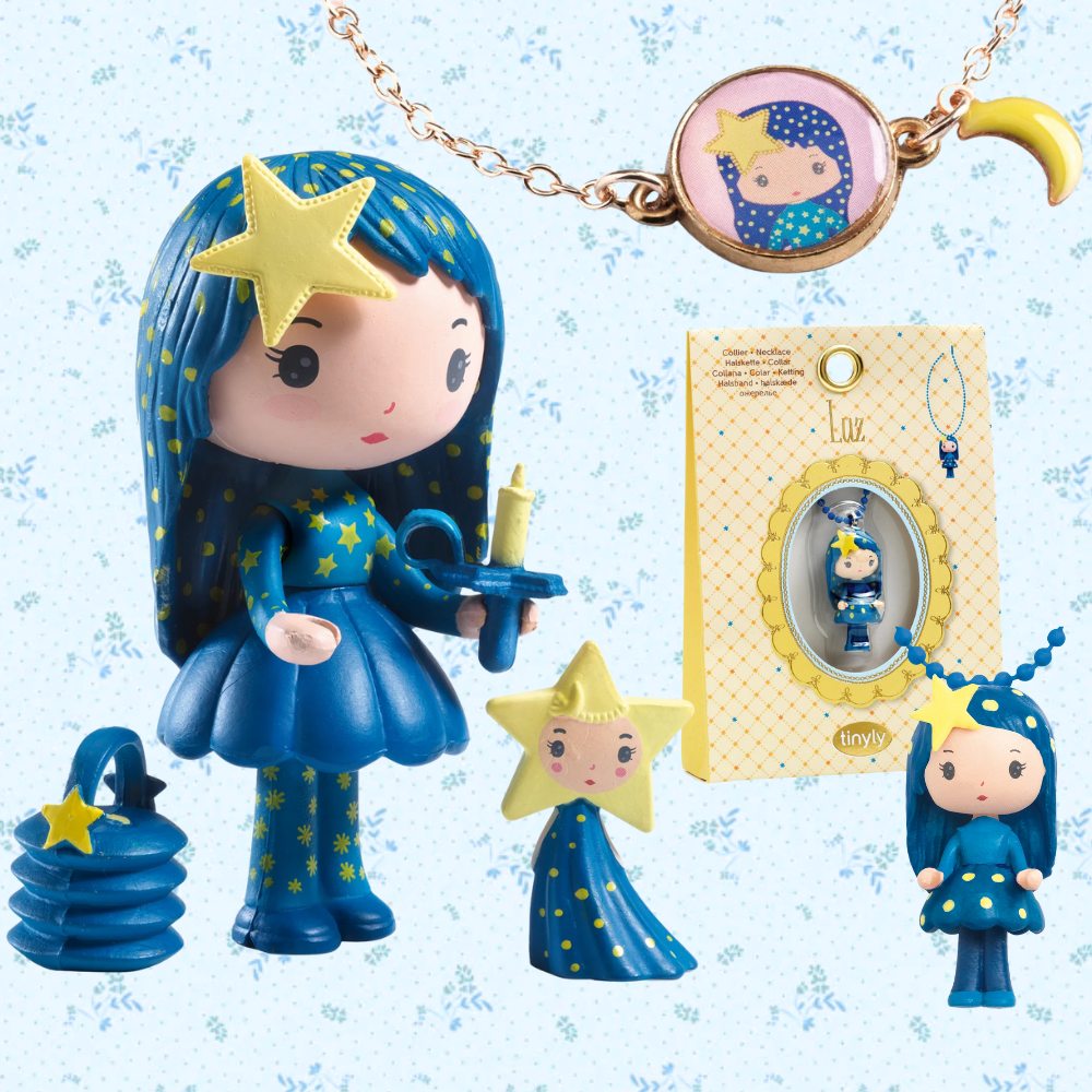 Collection of blue-themed figurines with star accessories on a light blue background