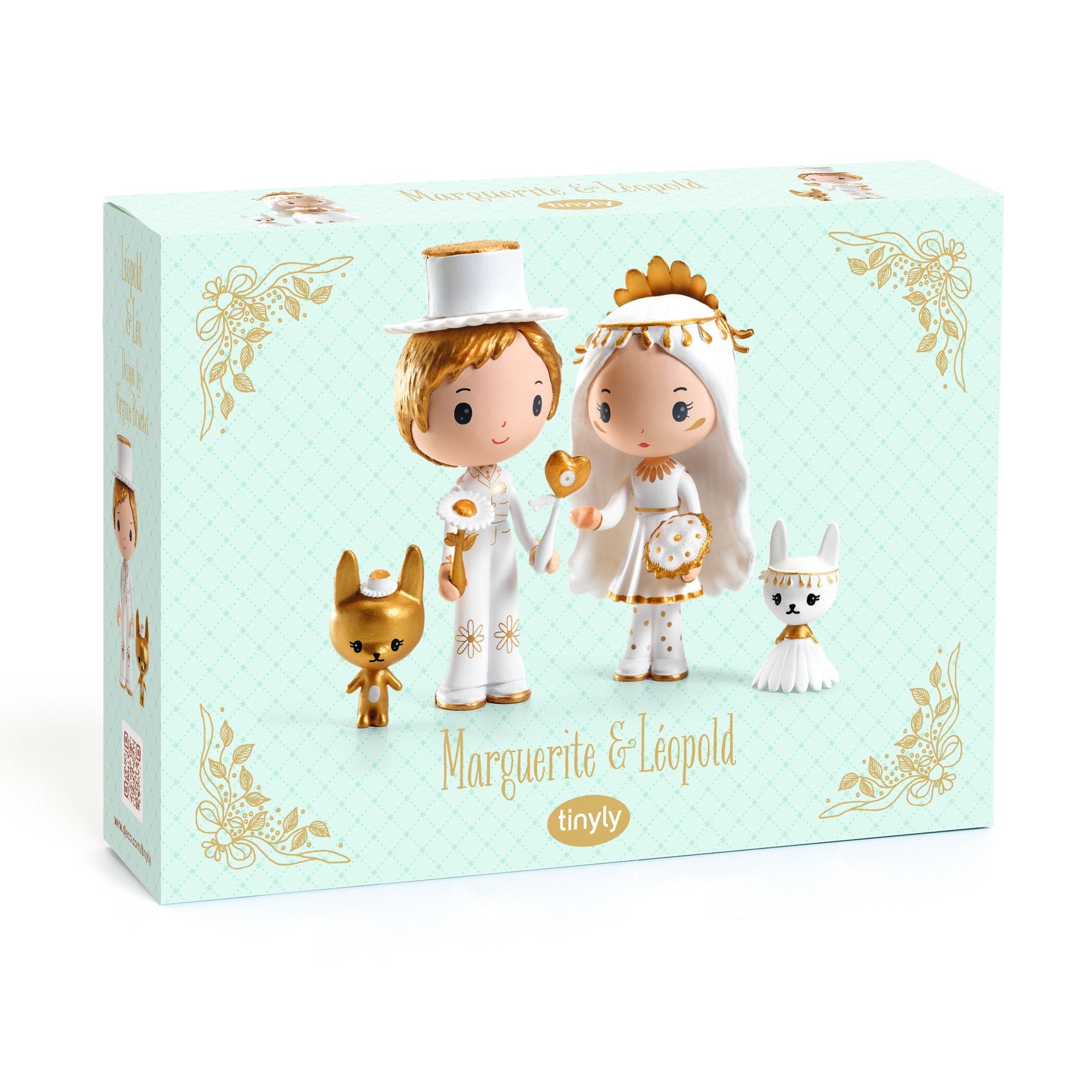 Box packaging for 'Marguerite & Leopold' figurines with decorative elements on a light blue background.