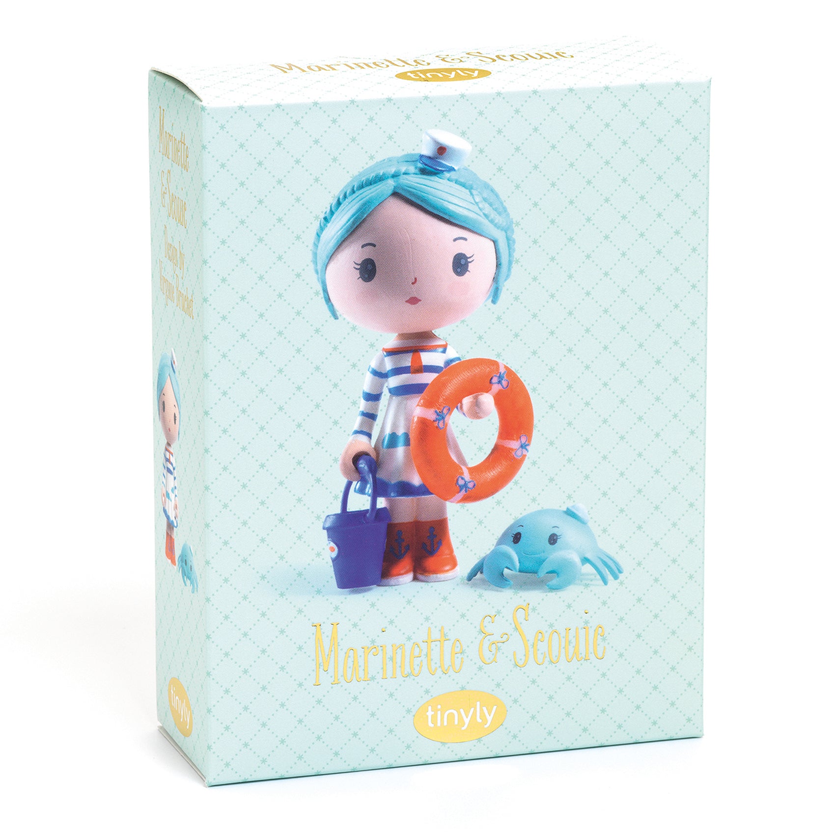 Toy figure packaging with character holding a life buoy and bucket on a light blue background