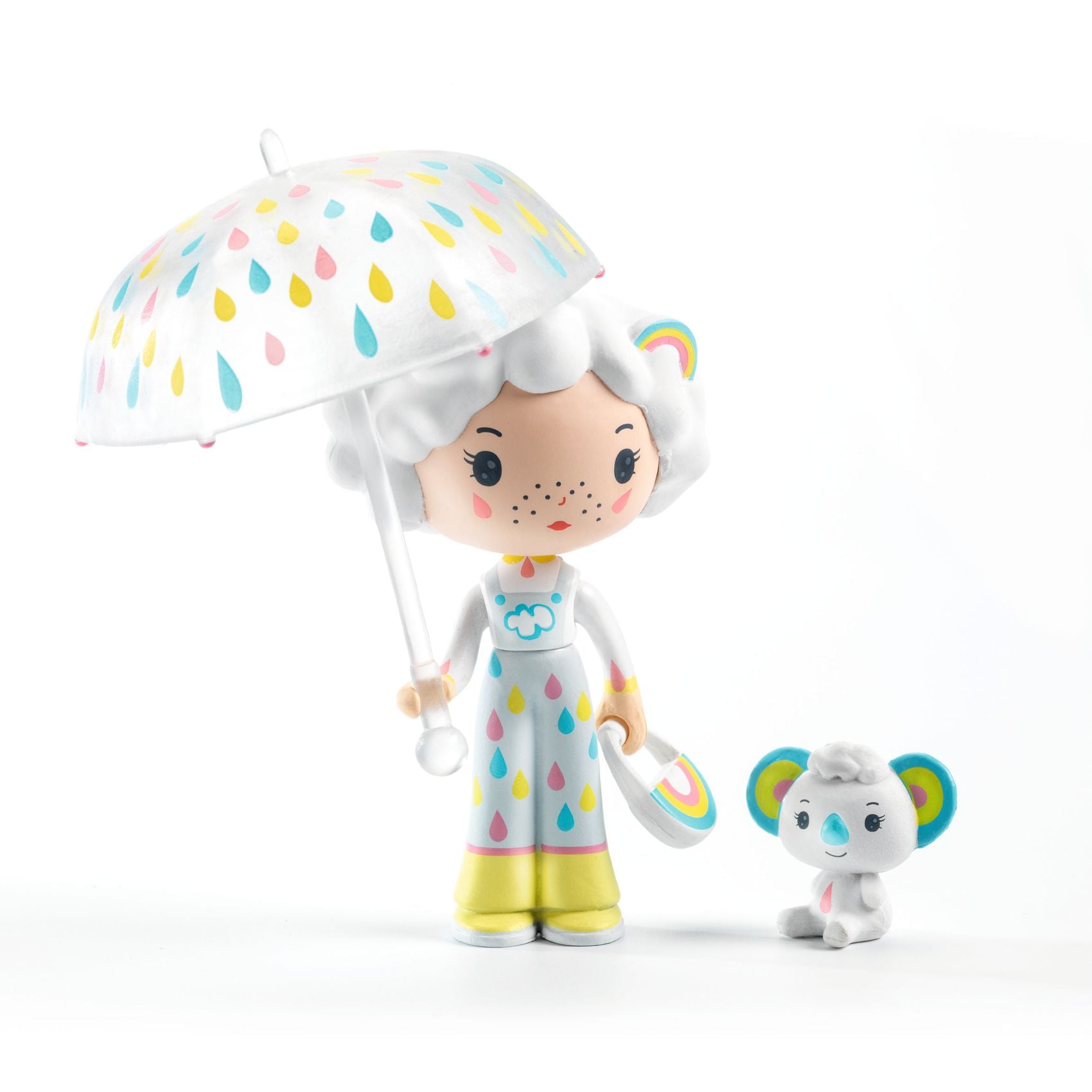 Toy figure with colorful umbrella and matching toy on a white background