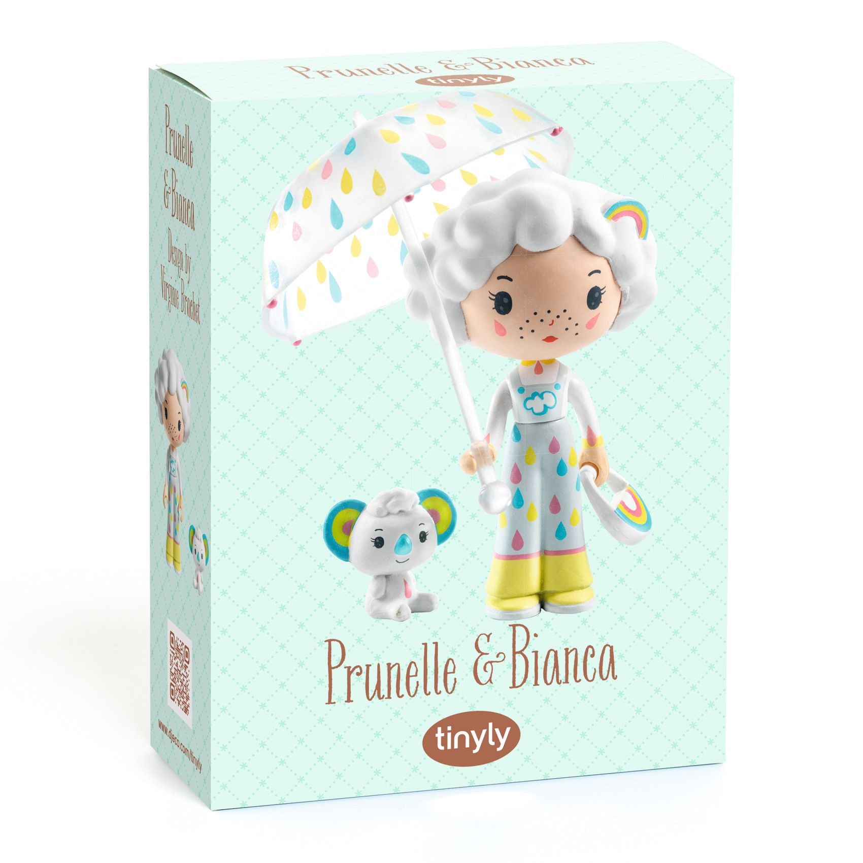 Product packaging for 'Prunelle & Bianca' toys with a character holding an umbrella on a light blue background.