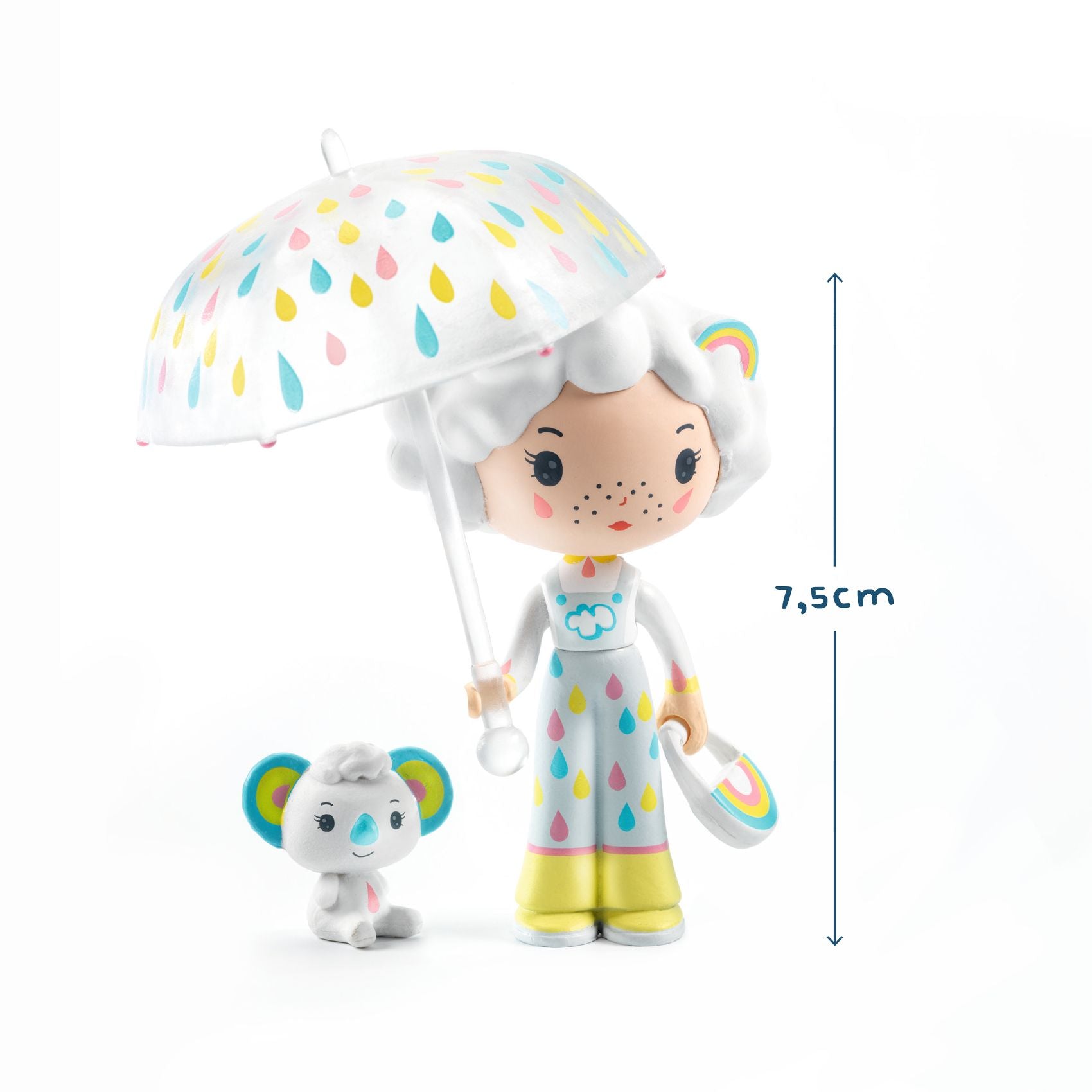 Toy figure with umbrella and small animal toy, with a measurement label indicating size.