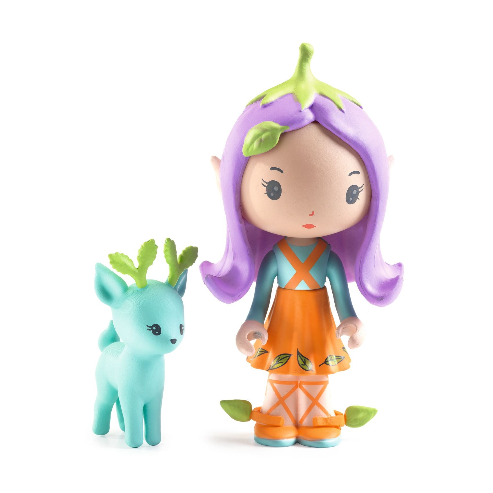 Toy figure of a girl with purple hair and a green creature on a white background