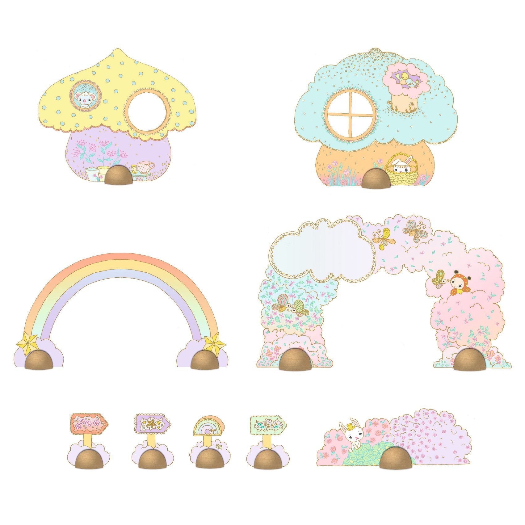 Set of pastel-colored mushroom-shaped decorations with a rainbow and cloud design on a white background.