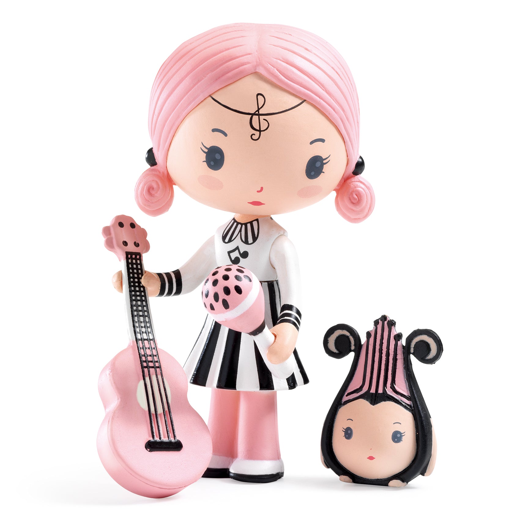 Toy figure with pink hair and a small companion on a white background