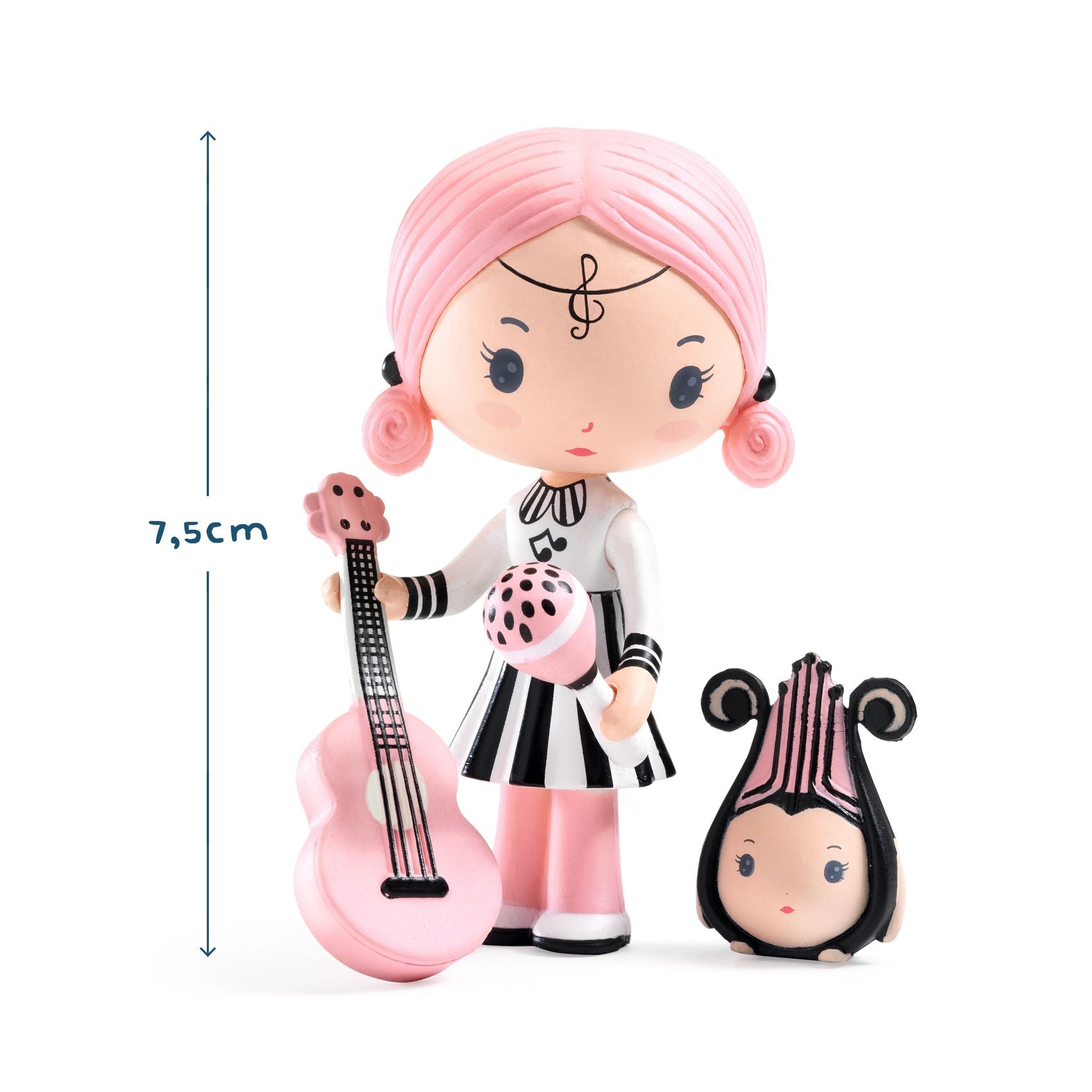 Toy figure with pink hair and a small toy on a white background