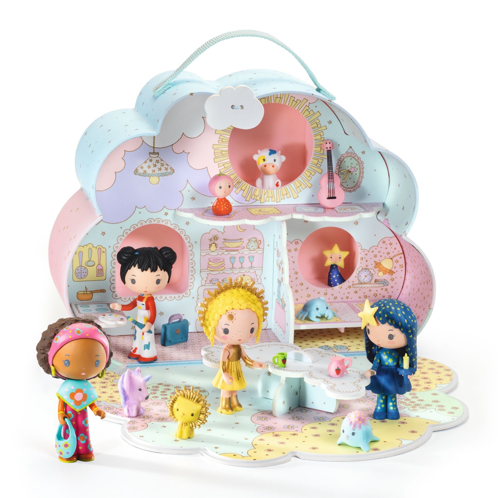 Toy set with dolls and accessories in a cloud-shaped carrying case on a white background