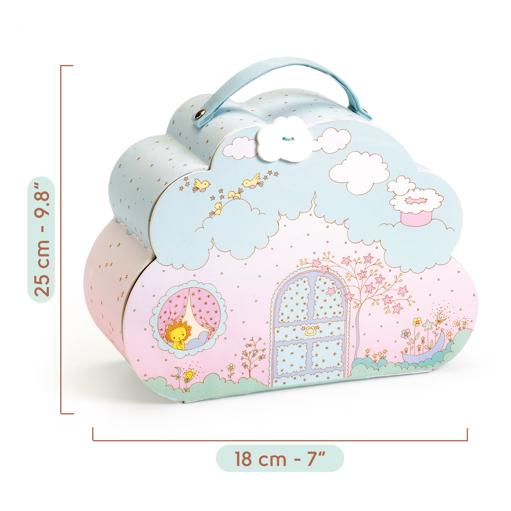 Cloud-shaped box with fairy tale design and measurements on a white background