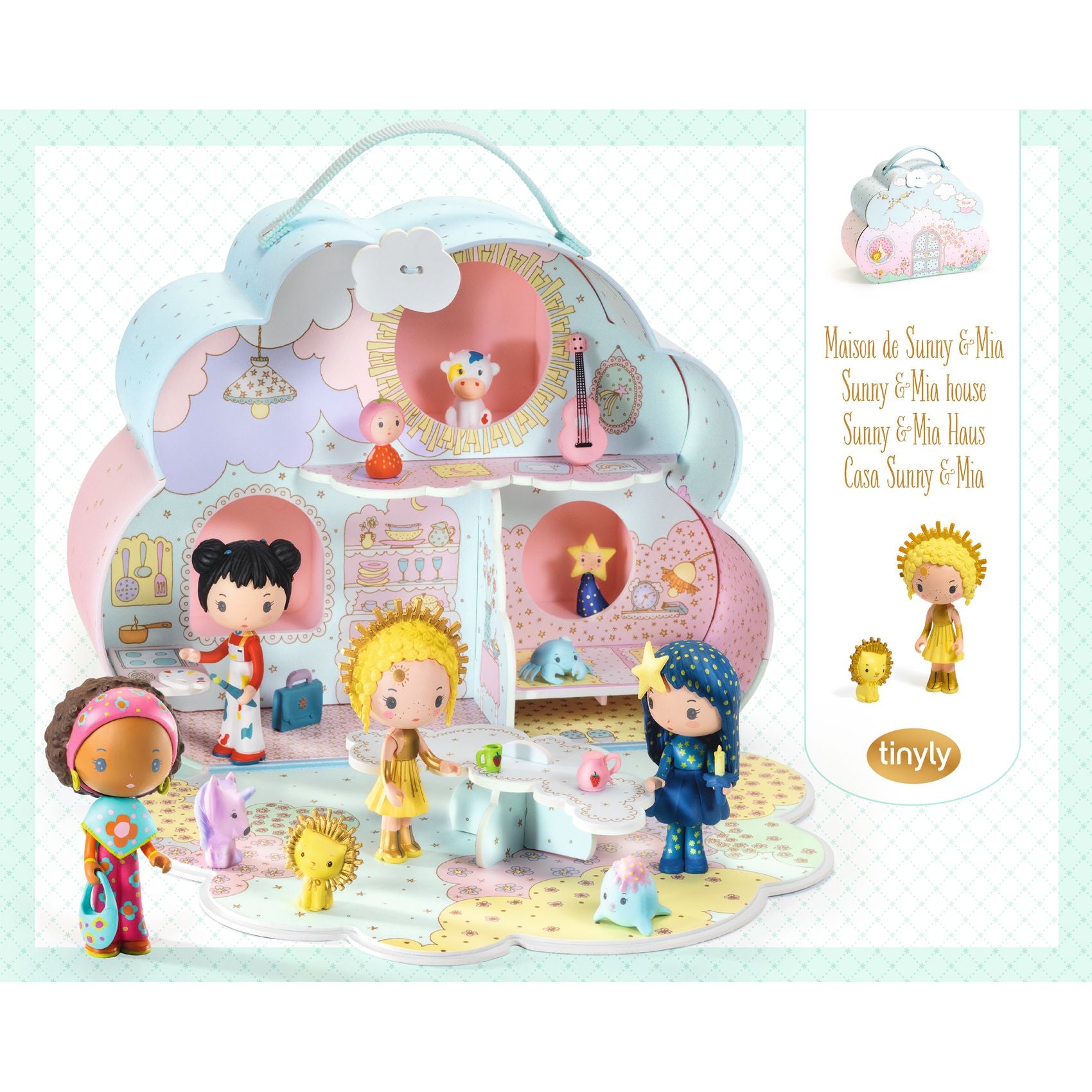Toy set with dolls and accessories in a cloud-shaped carrying case, featuring the brand 'tinyly'.