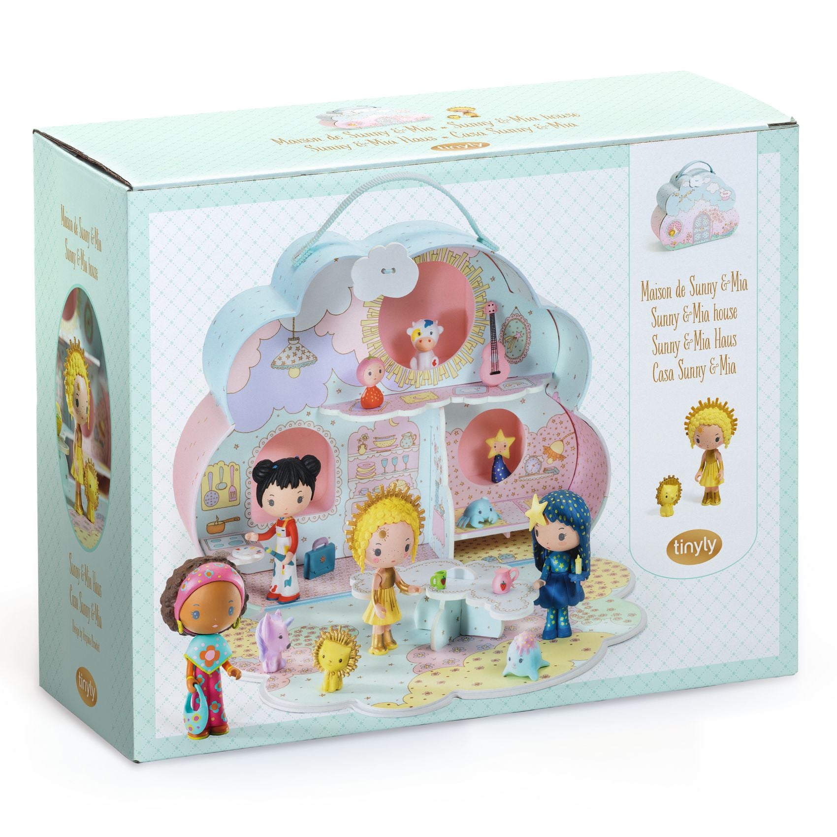Toy set packaging with characters and a house-like carrry case on a light blue background