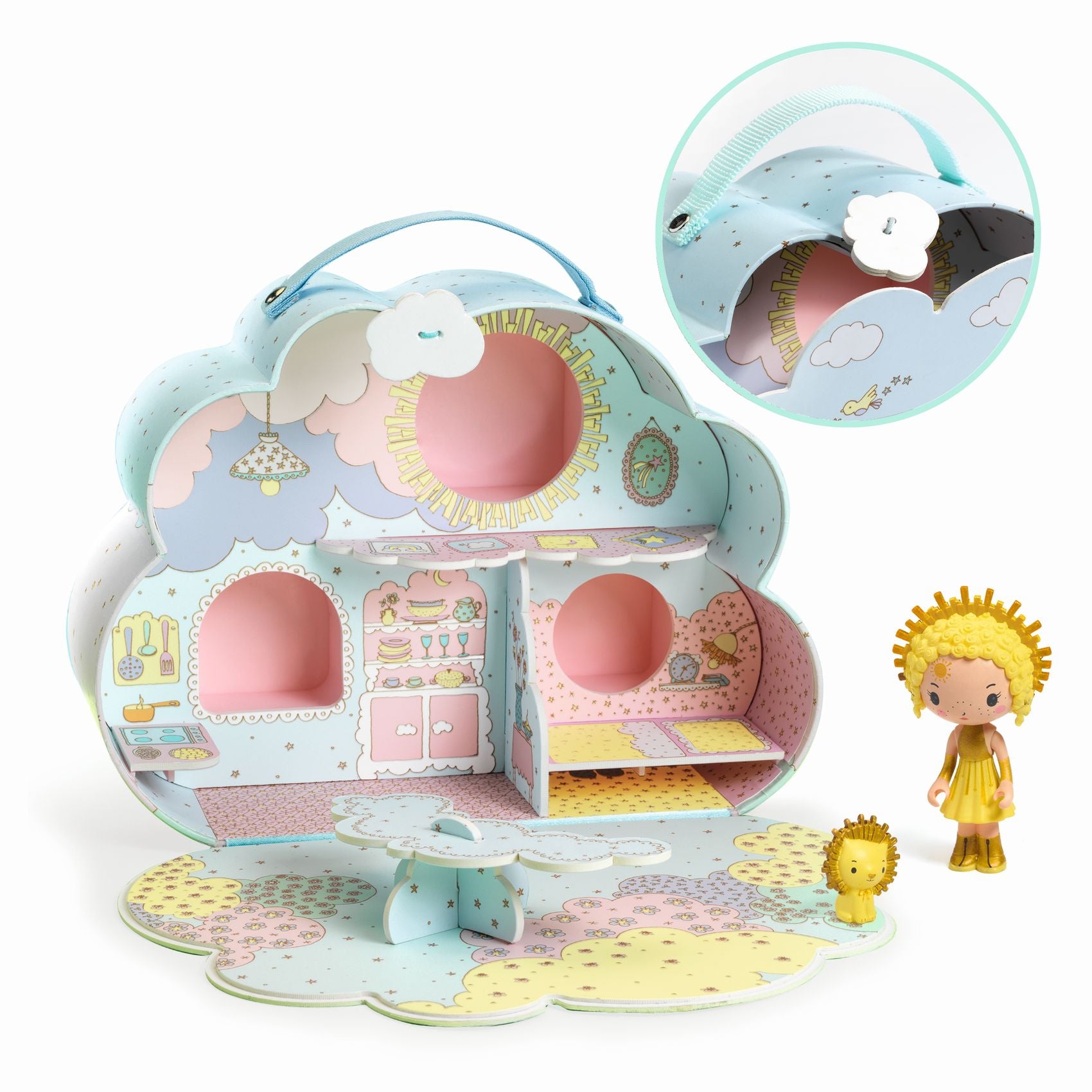 Toy house set with a girl figure and lion toy on a white background