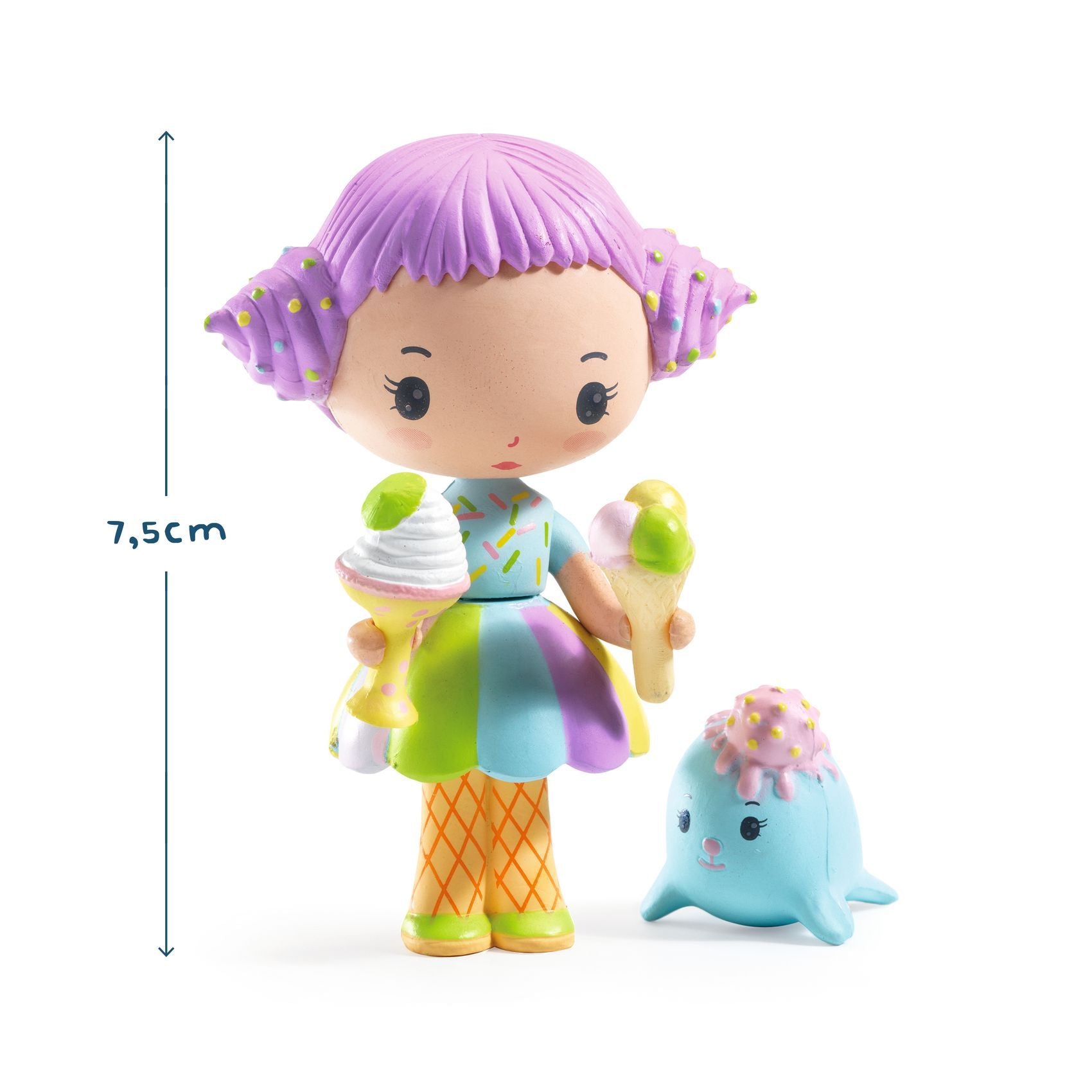 Colorful toy figure with purple hair holding ice cream cones on a white background
