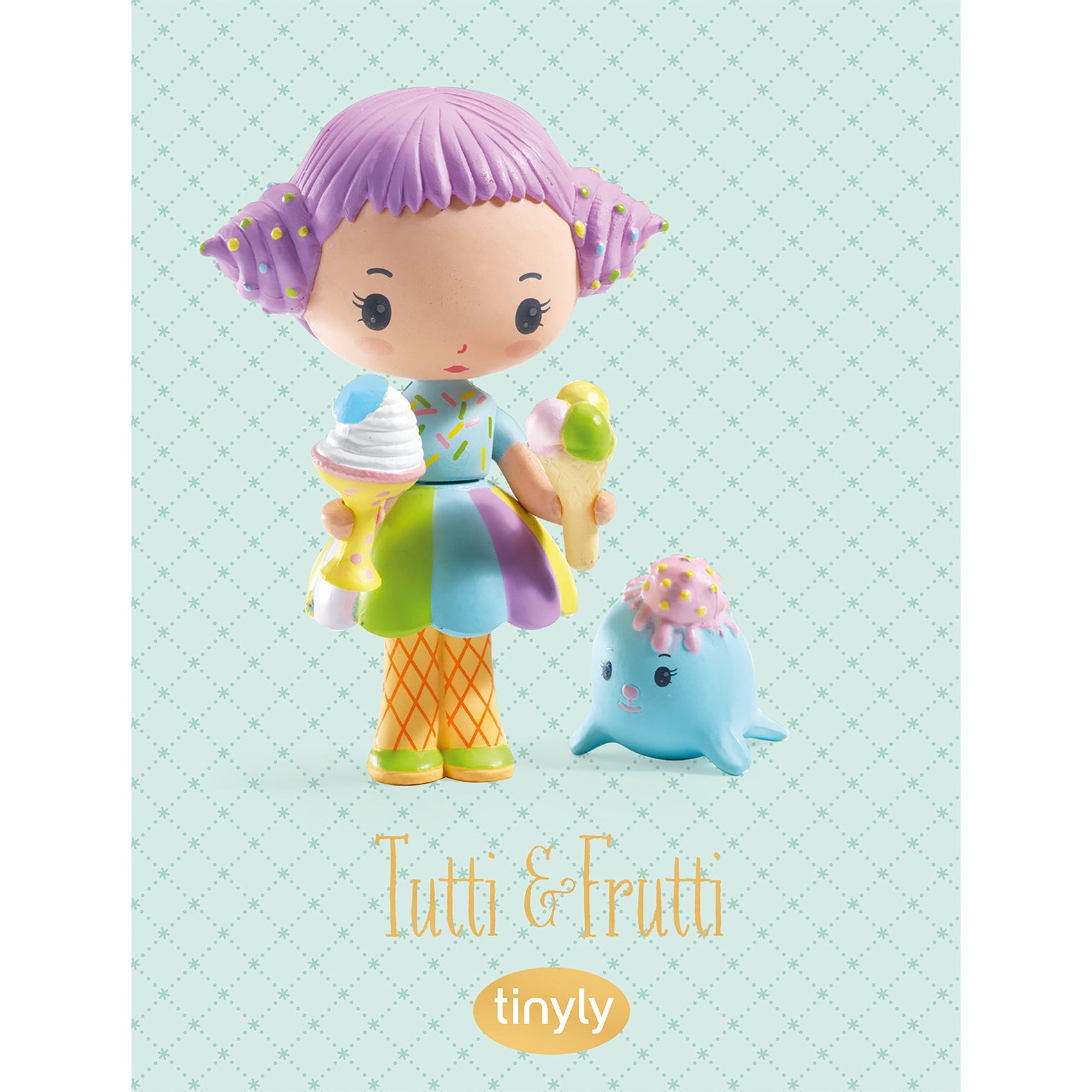 Colorful toy figure with ice cream and a small blue creature on a light blue background with tinyly branding.