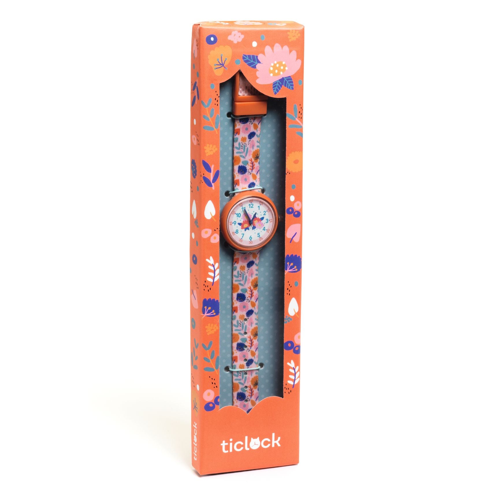 Floral-patterned watch with matching strap in a colorful box packaging, featuring the brand 'ticlock'.