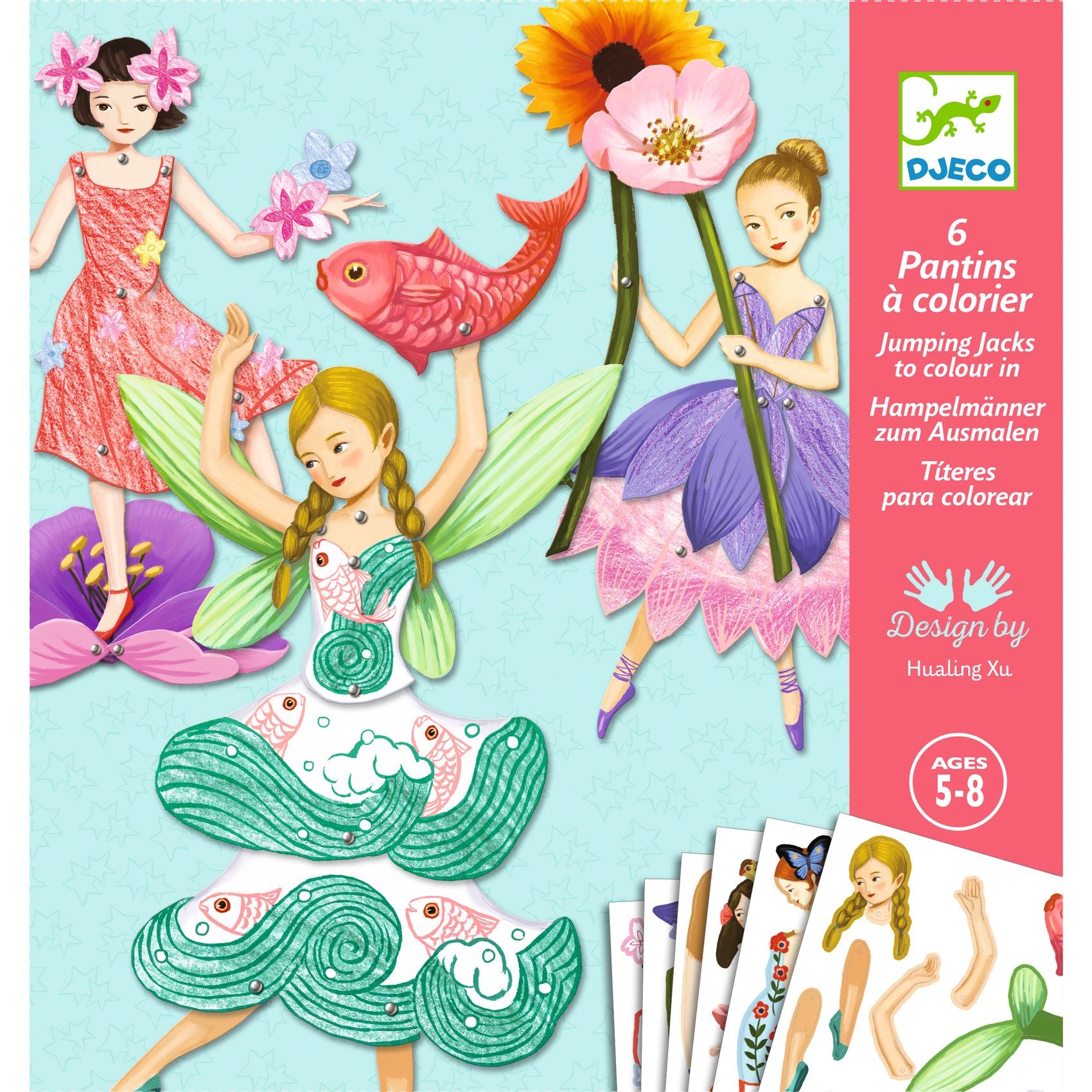 Coloring book with fairy-themed jumping jack figures and DJECO branding.