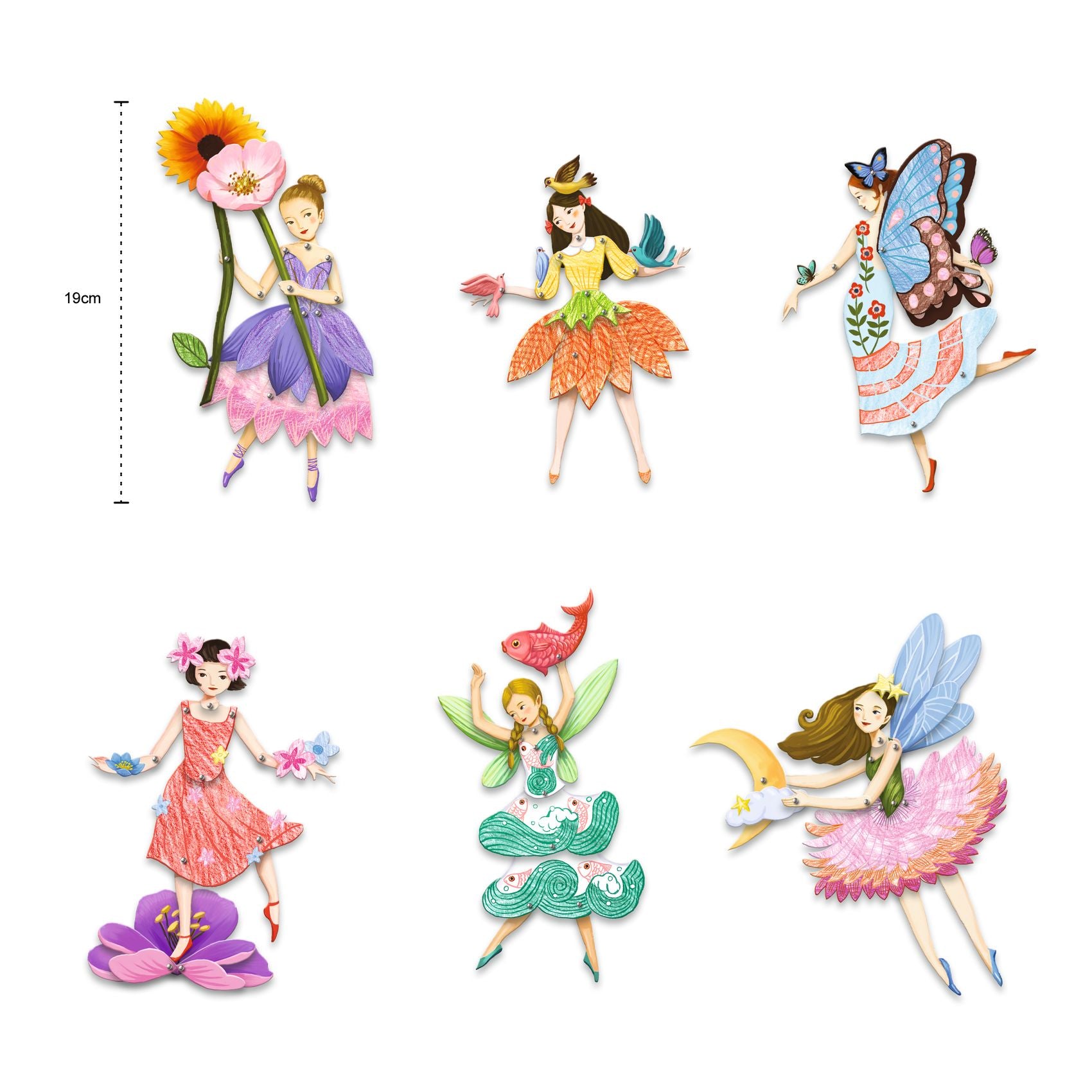 Set of colorful fairy stickers with a measurement scale on a white background
