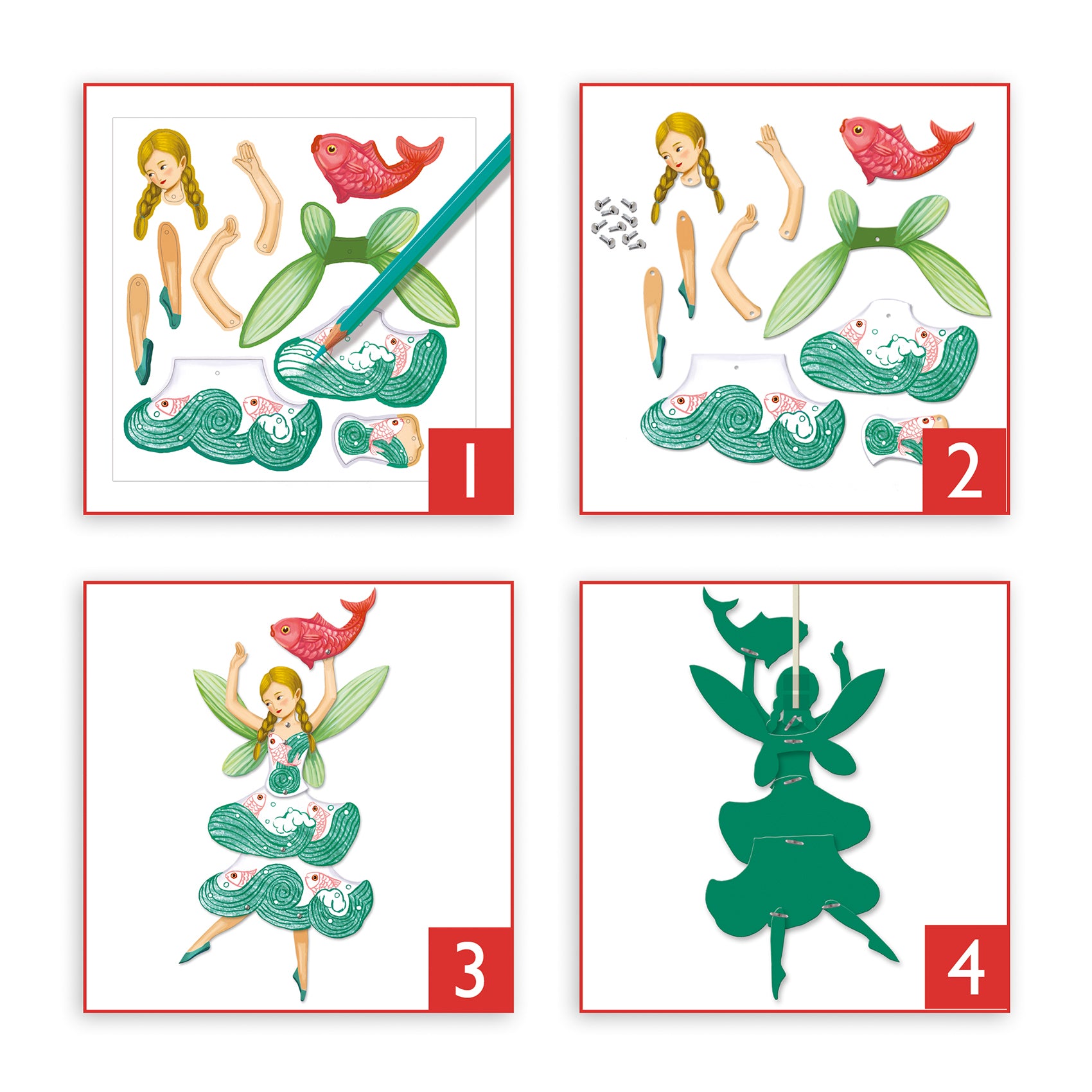 Step-by-step assembly instructions for a fairy and fish toy set on a white background.