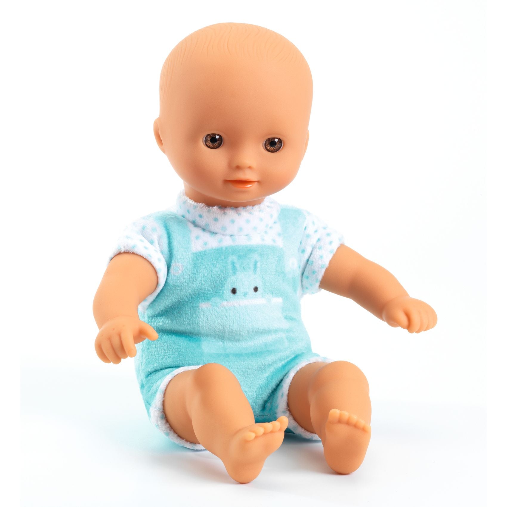 Baby doll wearing a light blue outfit with white trim on a white background