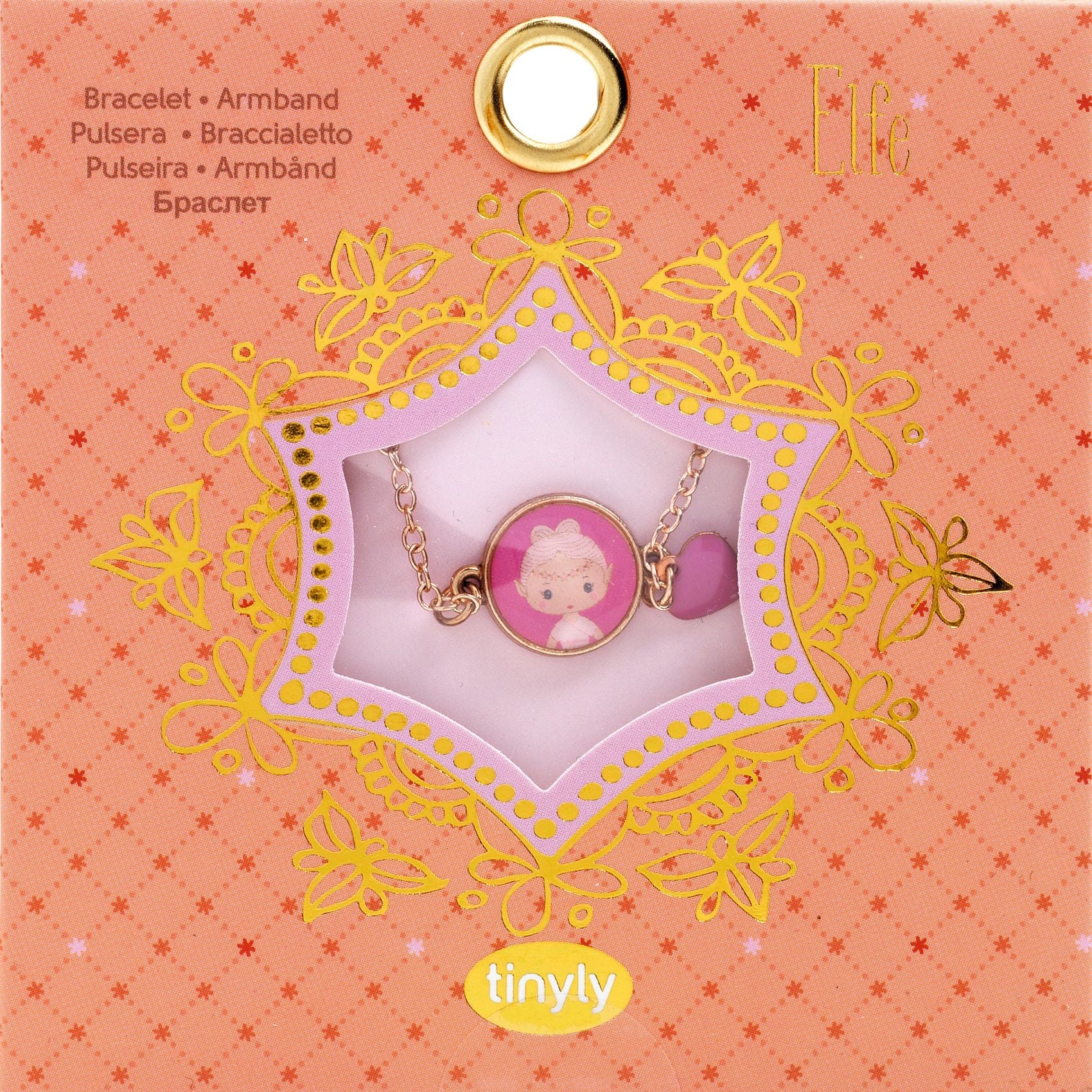 Bracelet in packaging with decorative elements on a pink background