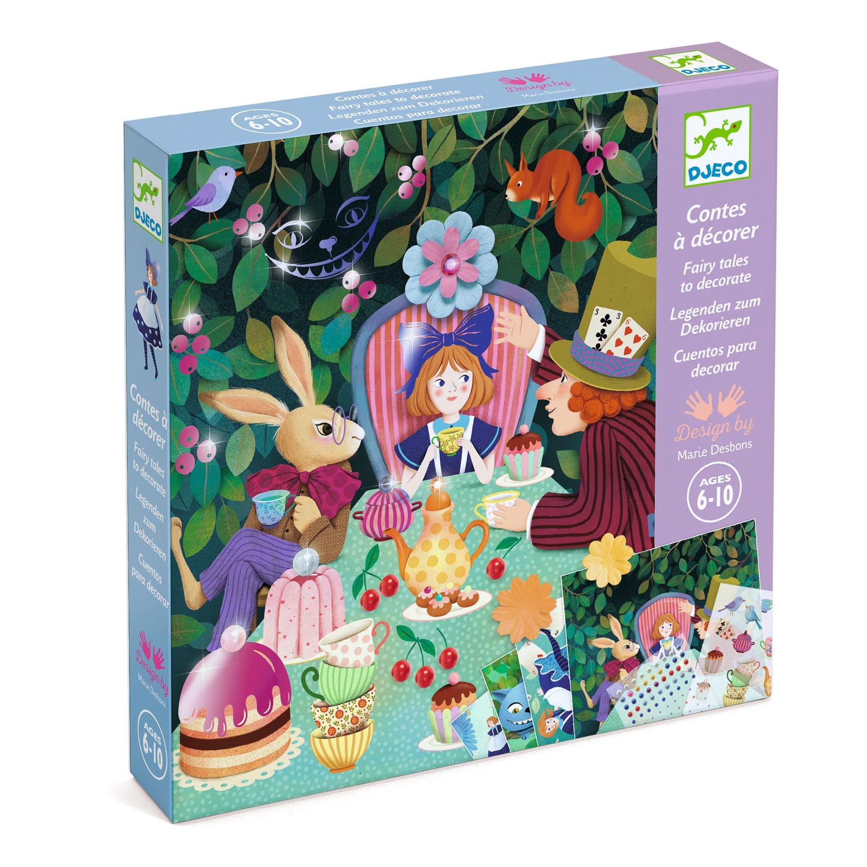 Decorative crafting packaging with colorful illustrations of Alice in wonderland characters and objects on a white background