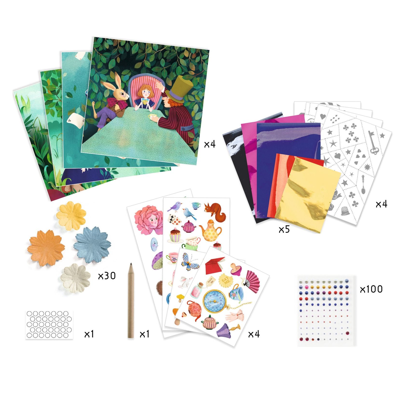 Collection of colorful stickers and craft items on a white background