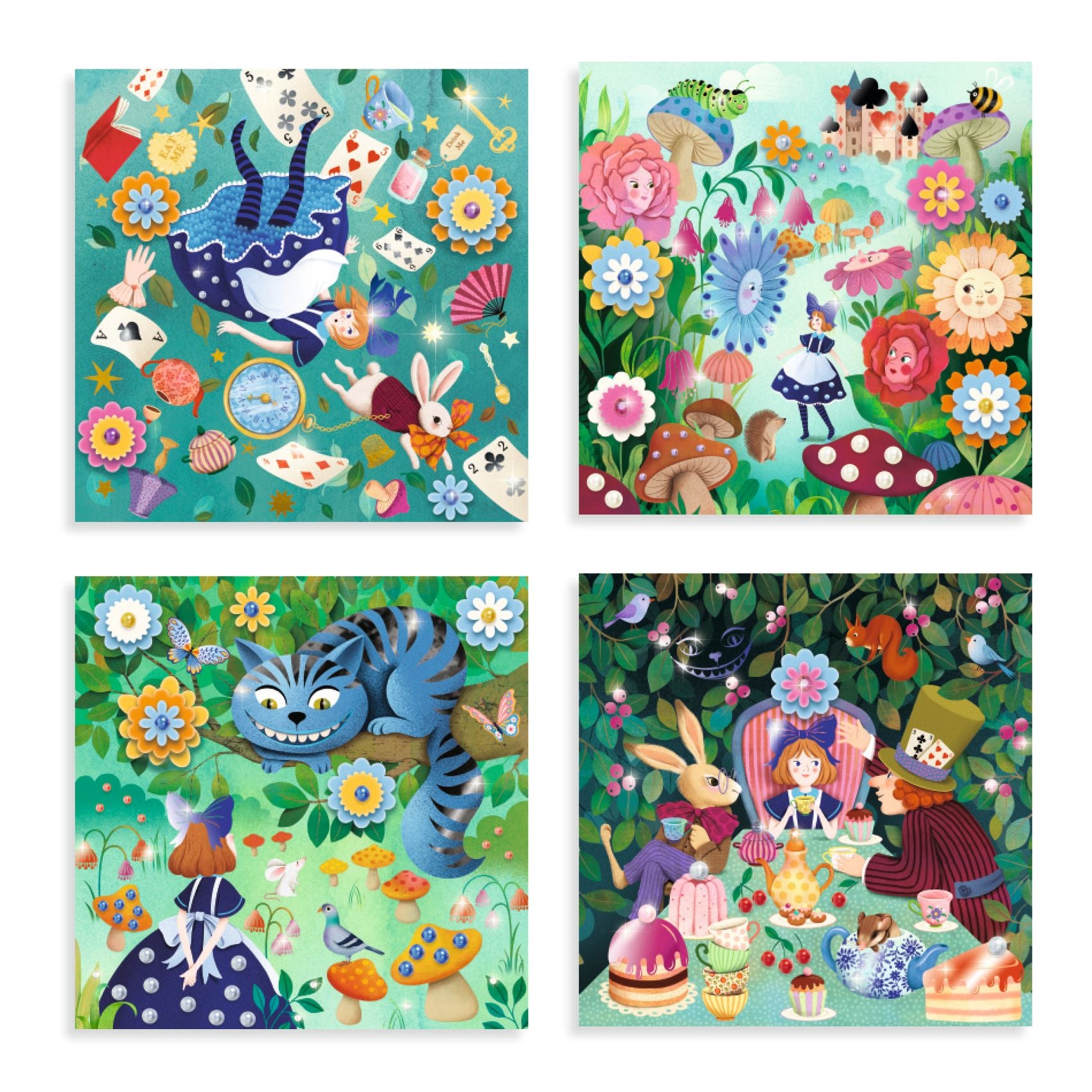 Four colorful illustrations of characters and scenes from a whimsical fantasy world Alice in Wonderland