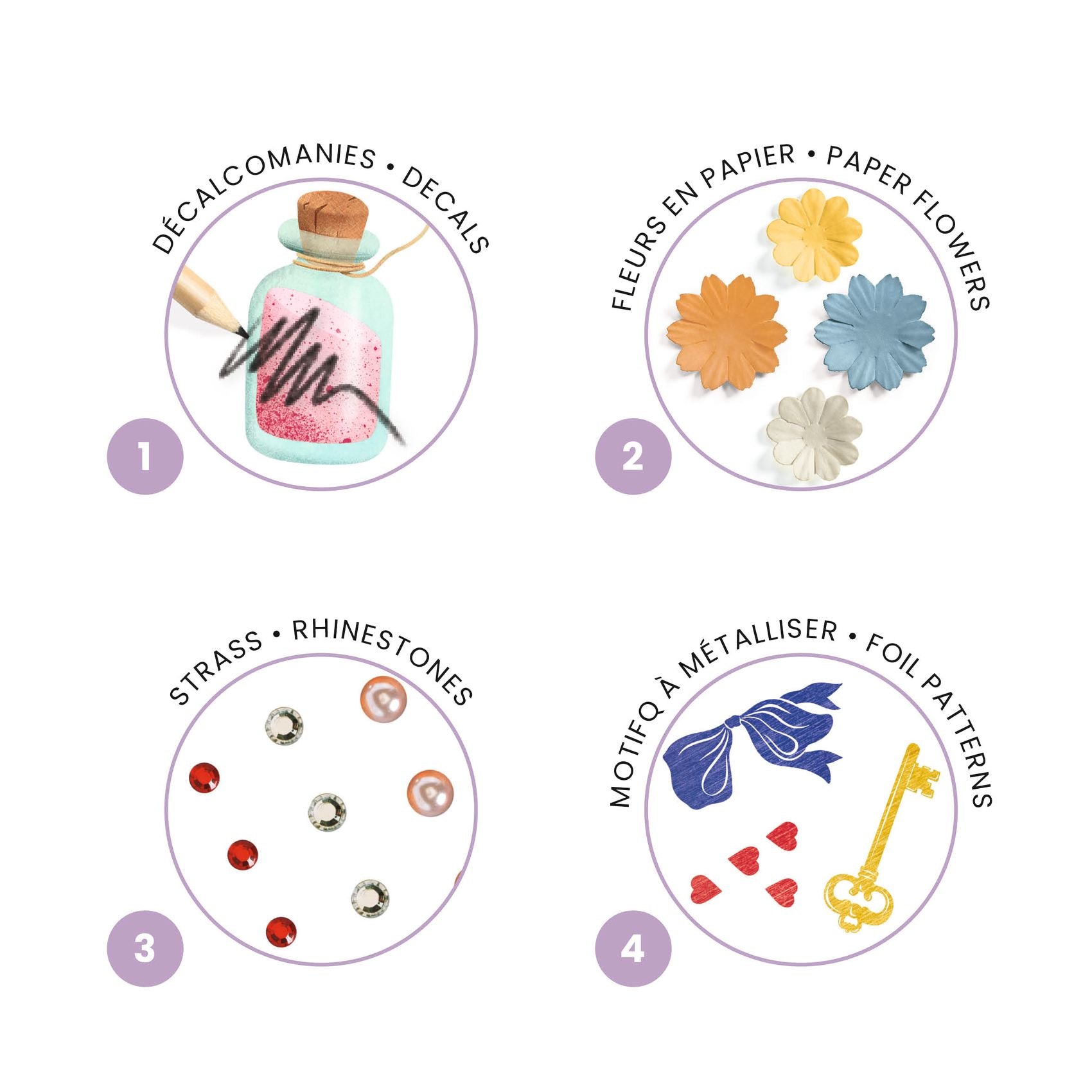 Illustrations of decorative items including decals, paper flowers, rhinestones, and foil patterns on a white background.