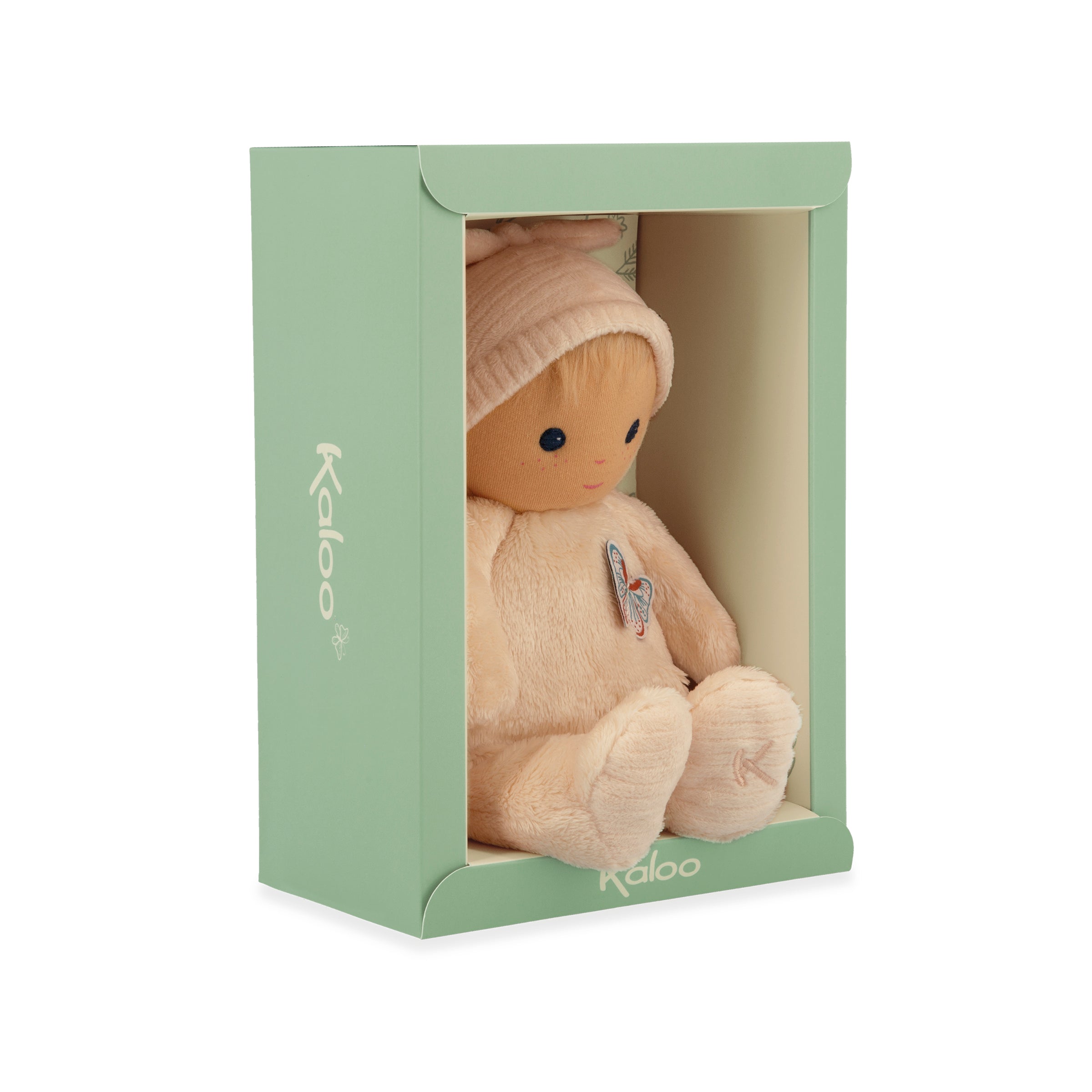 Beige doll in a green box with 'Kaloo' branding on a white background