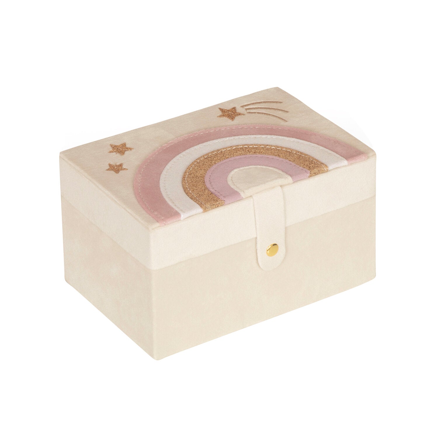 A large Rockahula Enchanted Rainbow jewellery box with a velvet rainbow and stars design, and gold shooting star accents. The box is beige with a gold popper fastening.