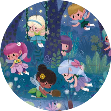 Round puzzle with fairy characters in a forest setting