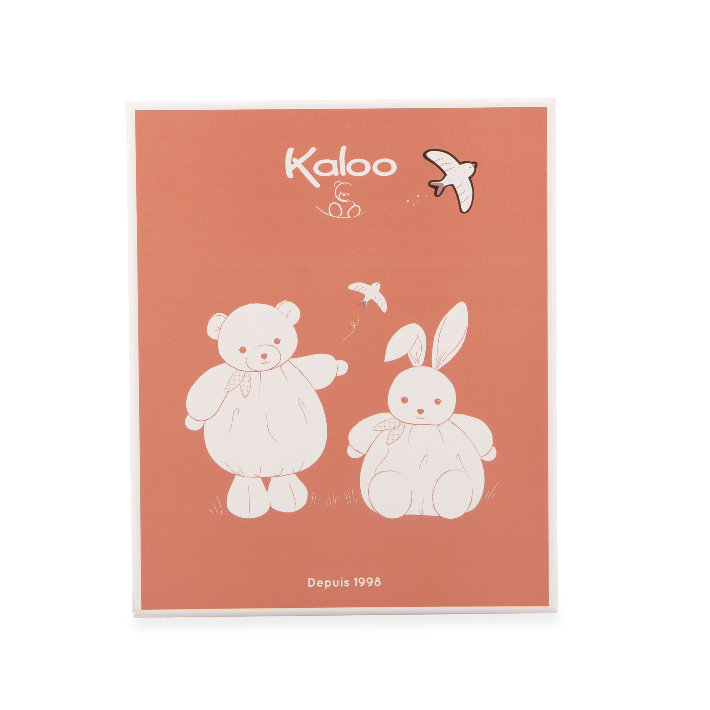 Product packaging with a bear and rabbit illustration on a pink background, featuring the brand 'Kaloo'.
