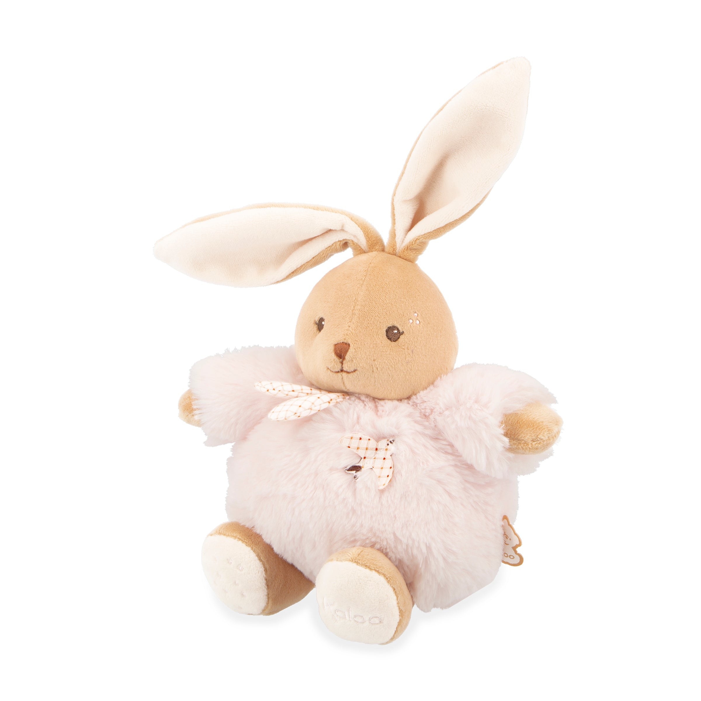 Plush toy rabbit with white fleece and beige ears on a white background