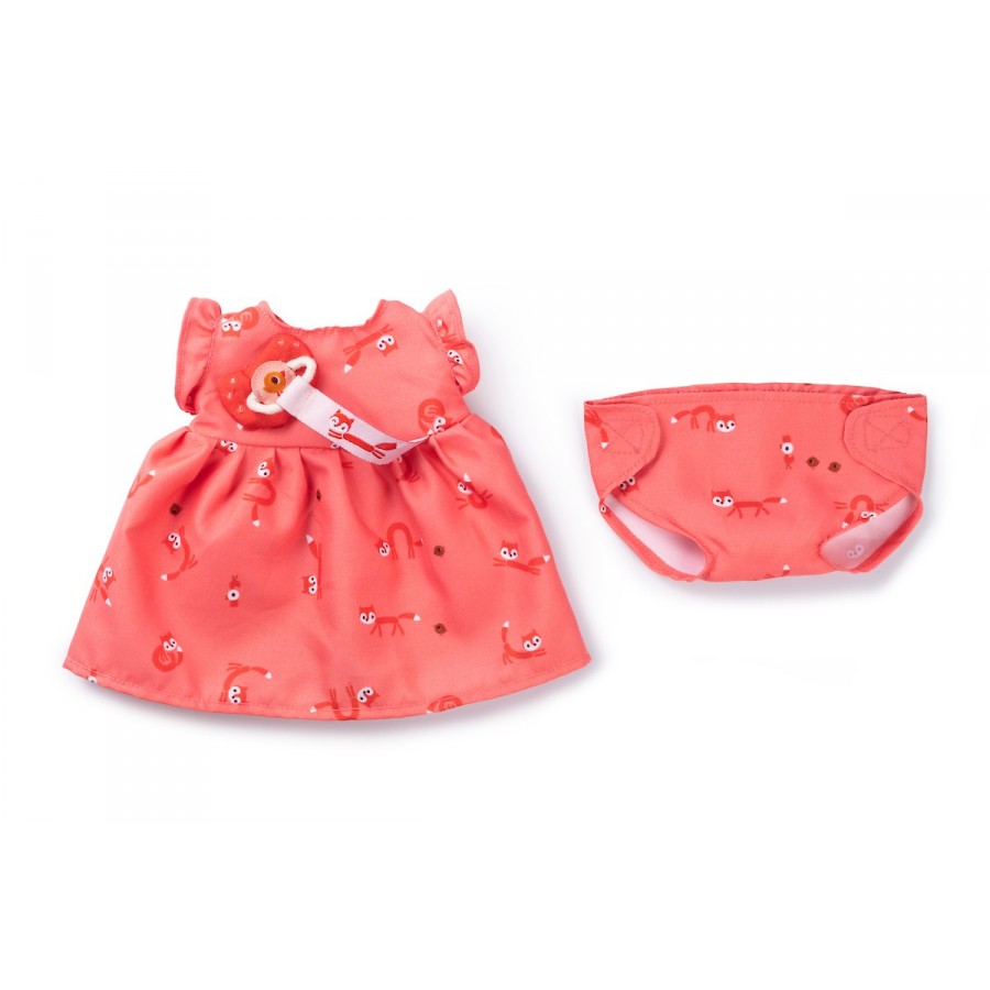 Coral-colored baby outfit with a dress and diaper on a white background