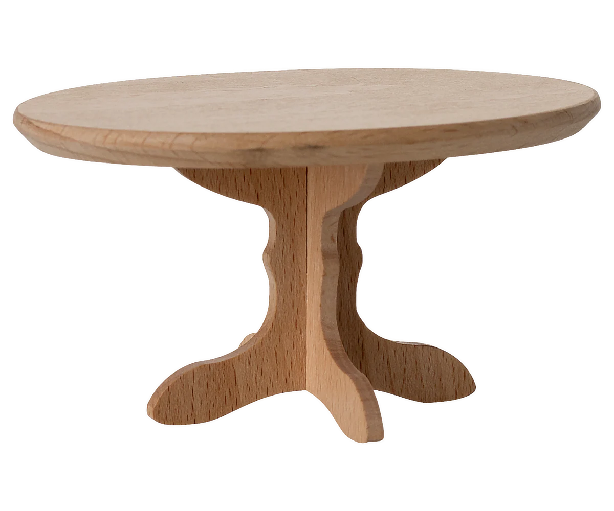 Maileg miniature Wooden round table with a pedestal base on a white background