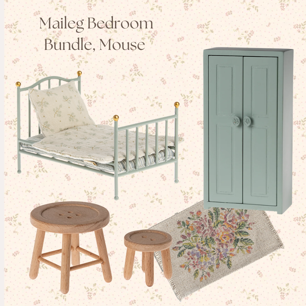 Maileg miniature dollhouse bedroom furniture bundle featuring a light blue metal single bed with floral bedding, a matching light blue double-door wardrobe, two wooden stools, and a floral rug on a pale floral patterned background.