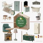 Collage of miniature furniture and decor items with 'Myrtle Manor Y&F' branding.