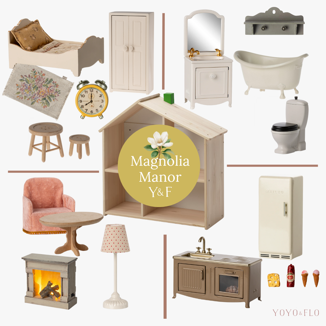 Collage of miniature furniture pieces with 'Magnolia Manor Y&F' branding.