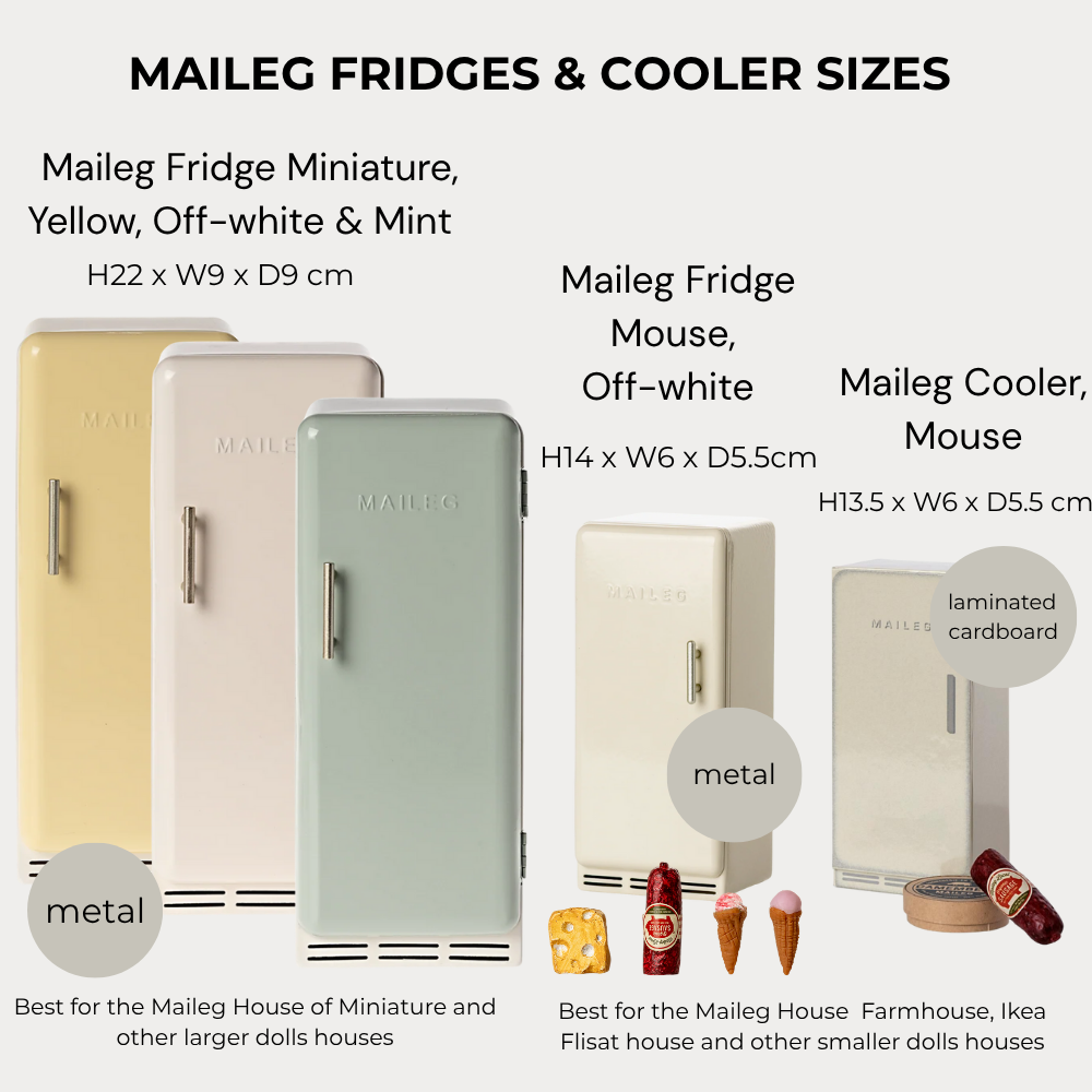 Maileg fridge sizes with dimensions and colour options
