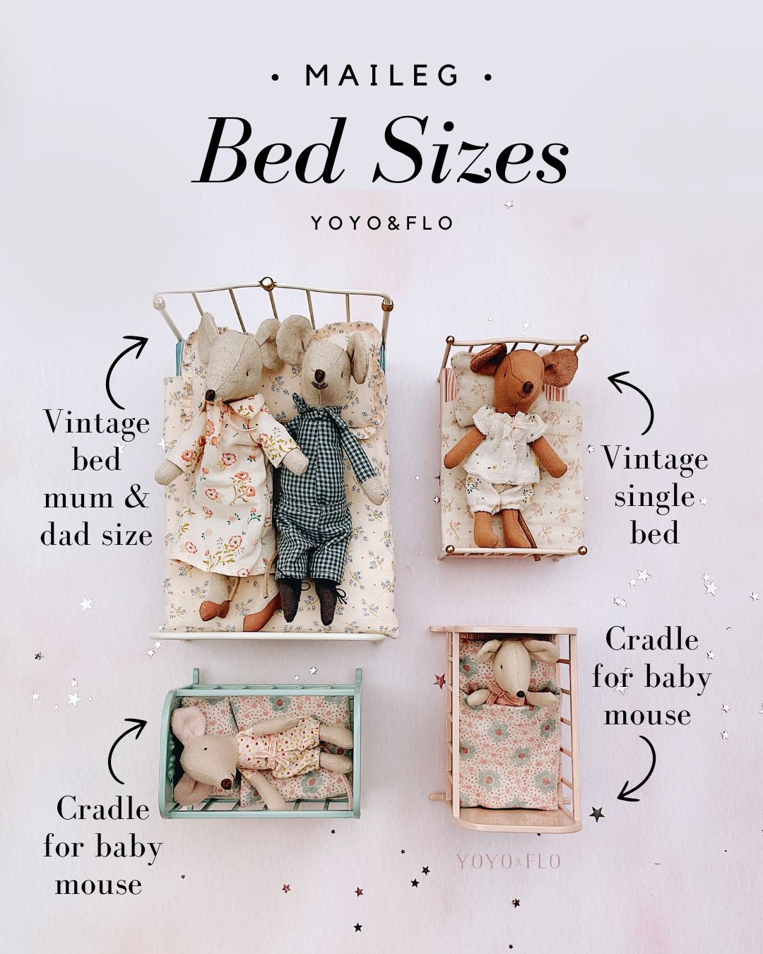 a graphic showing several maileg beds together with maileg toy mice lying in the beds to explain which mice fit the different beds