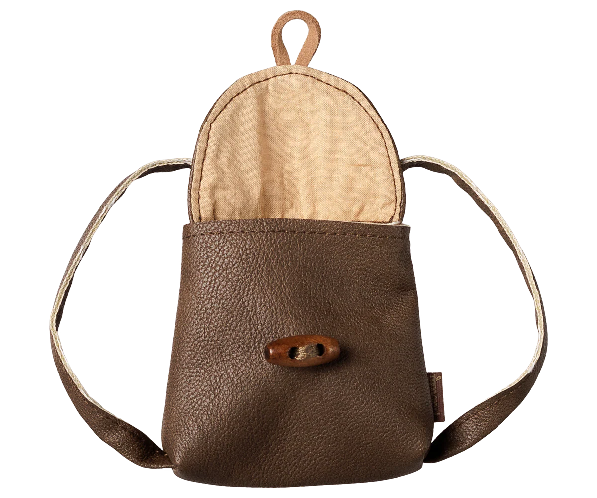 A small brown pebbled leather pouch with a top loop, a wide shoulder strap, and a tan fabric lining visible inside, shown on a plain white background.