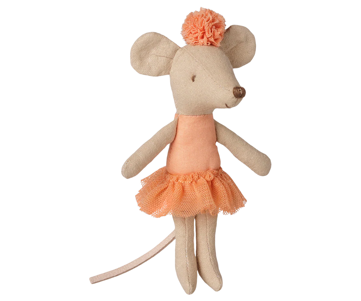A plush mouse doll with beige fabric body, wearing a peach-orange tutu skirt and matching top, with a peach pom-pom on its head, isolated on a white background.