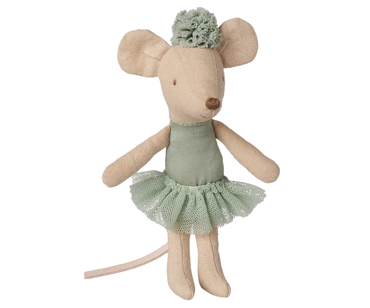 A small plush mouse doll with beige fabric body, wearing a sage green tutu dress and matching green flower crown, photographed on a plain white background.