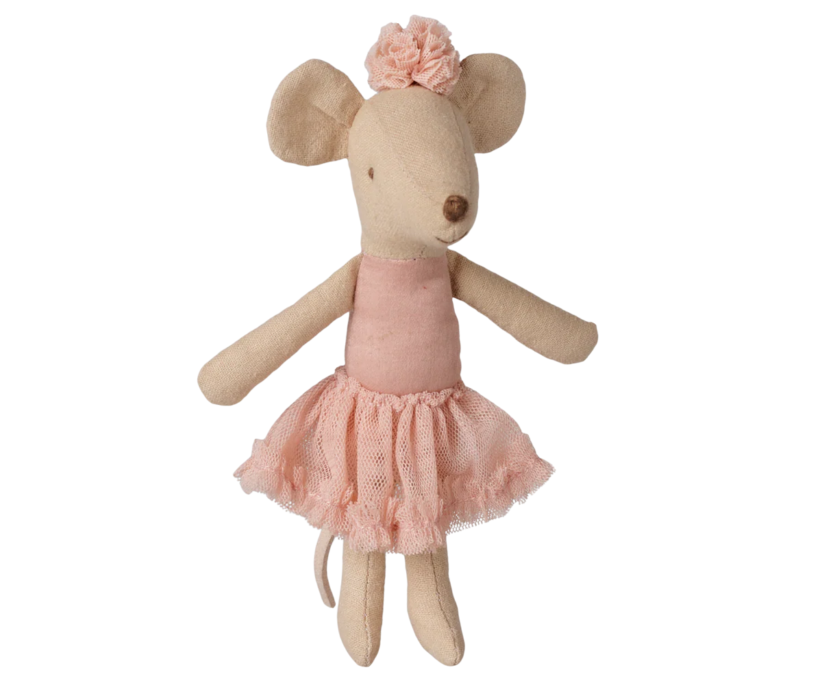 A plush mouse doll with beige fabric body, wearing a light pink dress and matching flower headband, isolated on a white background.