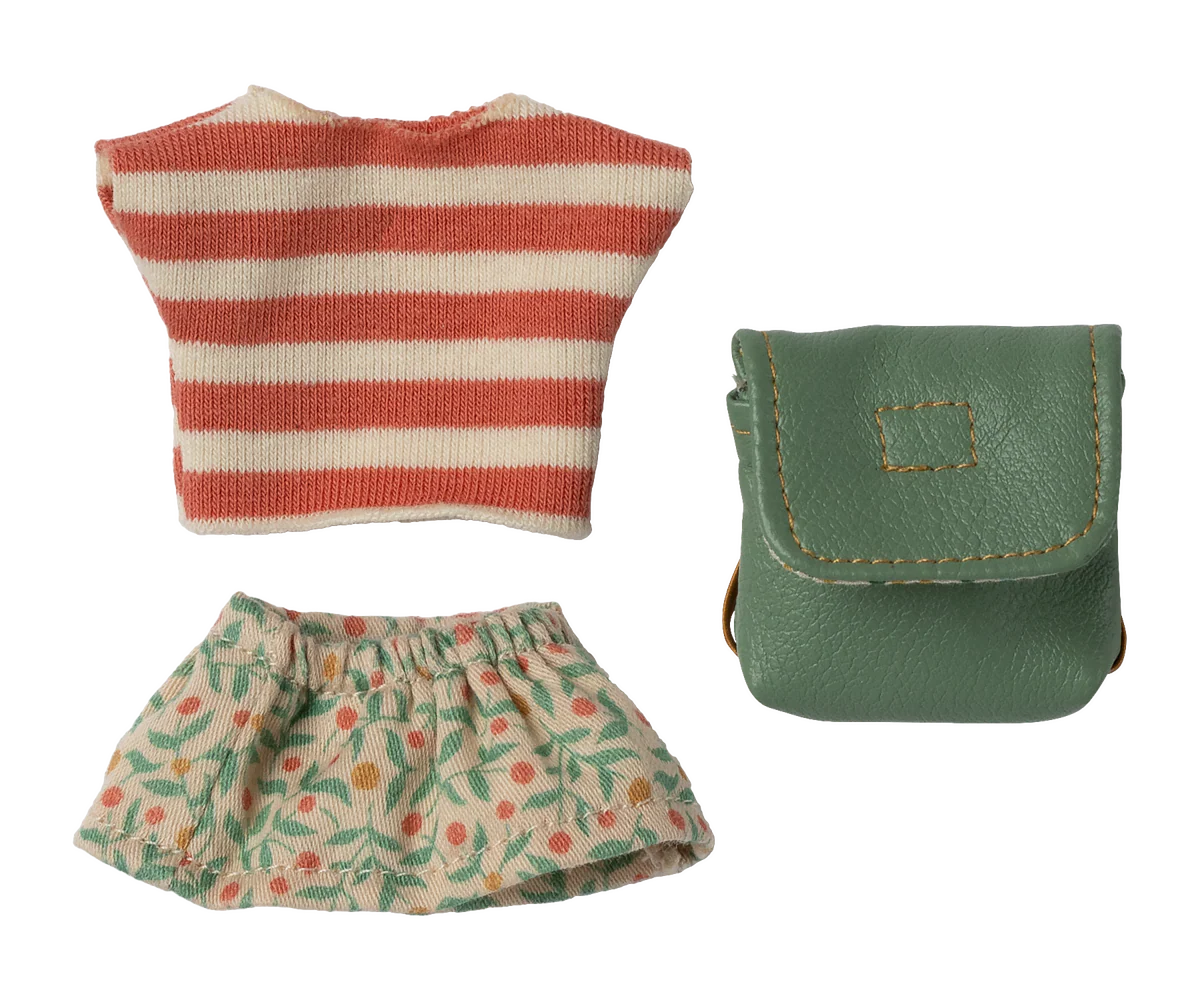 maileg mouse Striped shirt, floral skirt, and green pouch on a white background